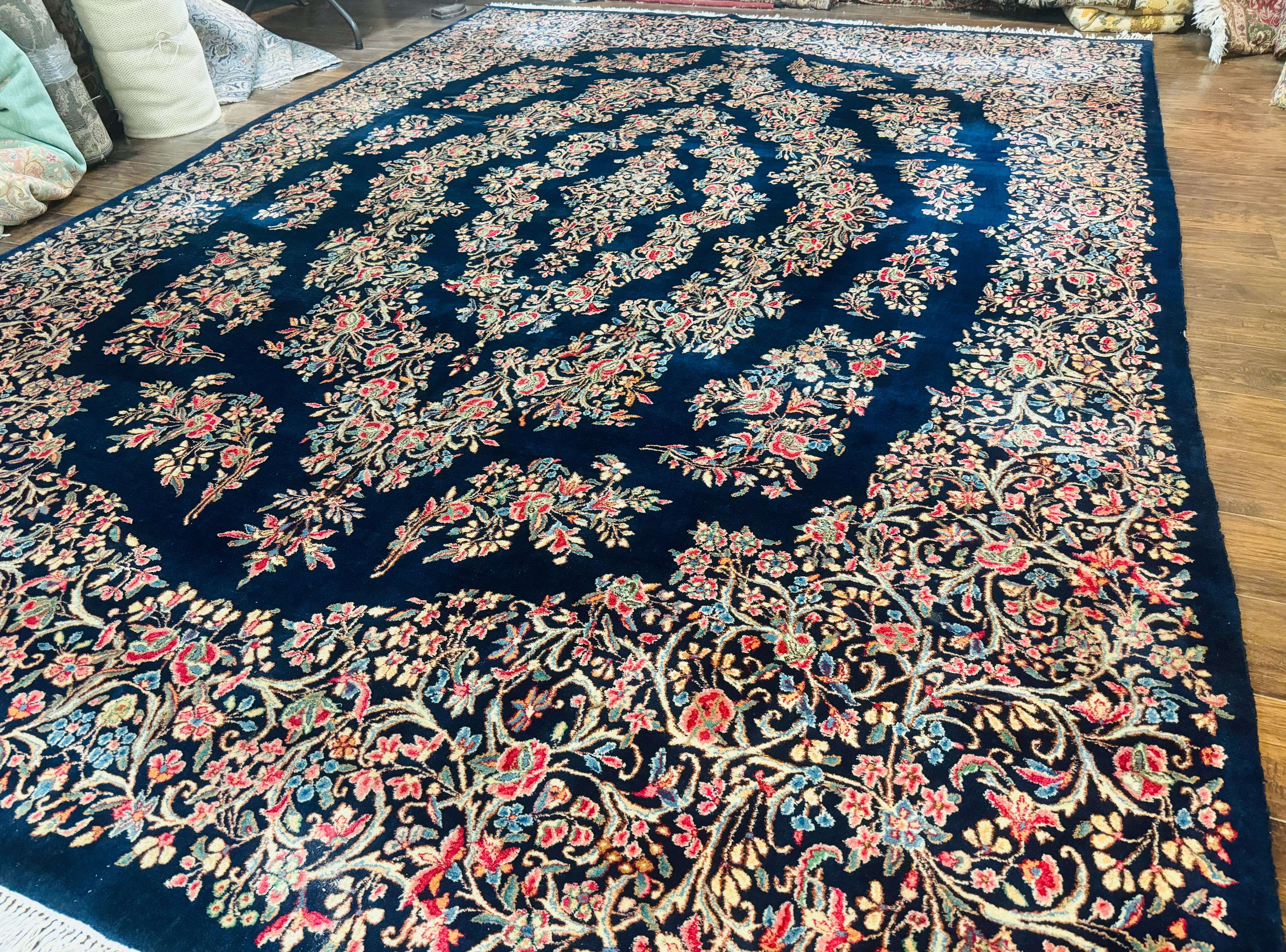Antique Persian Kerman Rug 10x13, Navy Blue Floral Carpet, Fine 270 KPSI