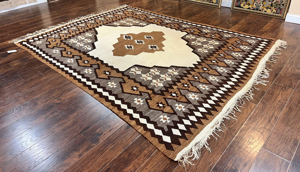 Antique Persian Fars Kilim Rug 8x11, Wool, Boho Tribal Persian Shiraz Flatweave Carpet, Semi Open Field, Geometric, Handmade, Vintage Semi Antique