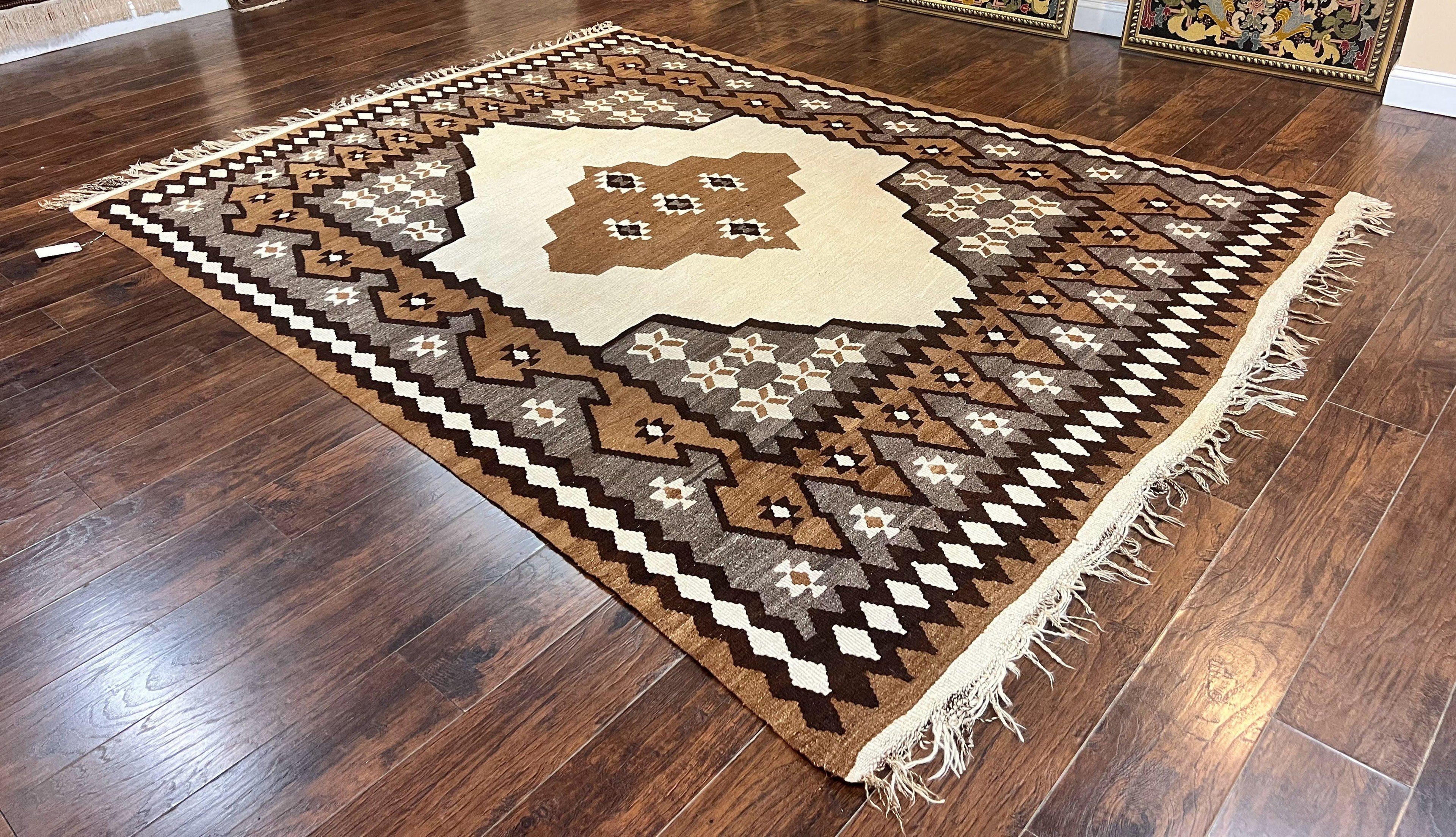 Antique Persian Fars Kilim Rug 8x11, Wool, Boho Tribal Persian Shiraz Flatweave Carpet, Semi Open Field, Geometric, Handmade, Vintage Semi Antique