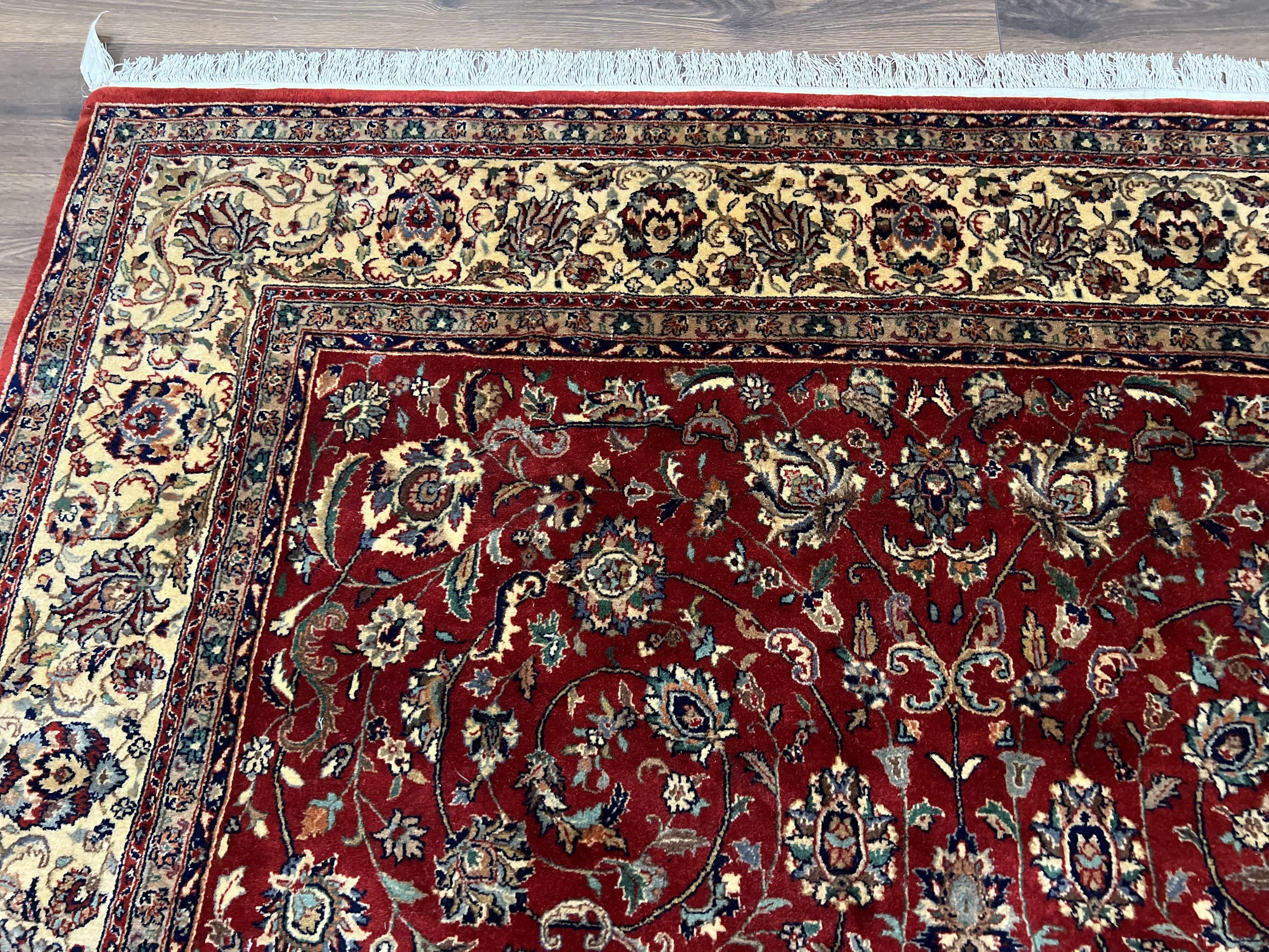 Vintage Indo Persian Rug 6x9, Very Finely Hand-Knotted Carpet 6 x 9 Red Cream Indian Oriental Carpet, Traditional Floral Wool Area Rug 1970s