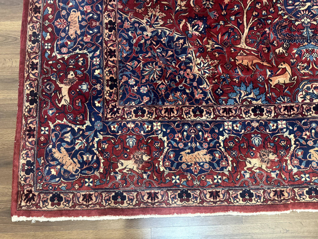 Antique Indo Persian Kerman Rug 9x12 Red Manchester Wool Animal Pictorials, Fine 290 KPSI