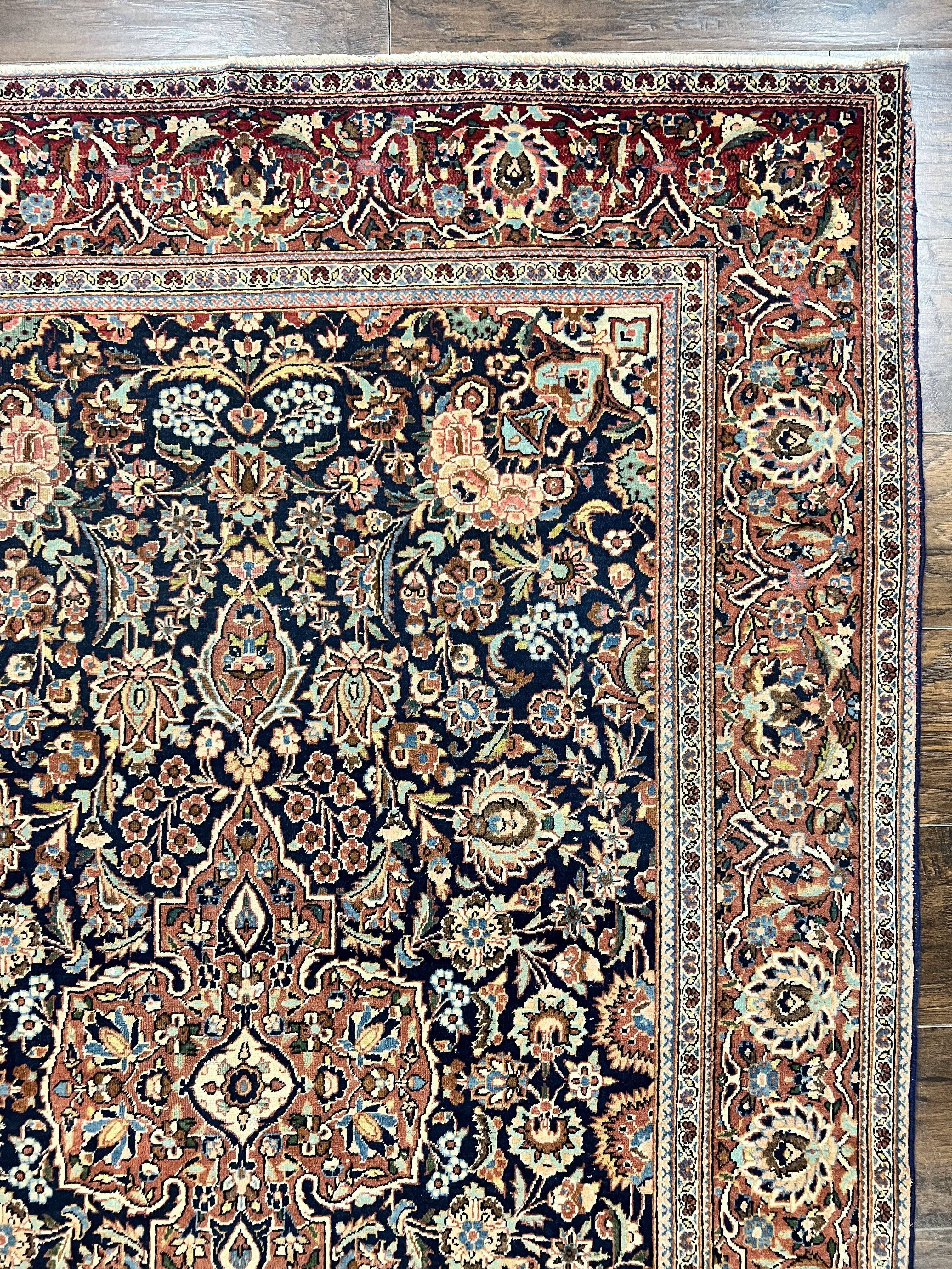 Persian Kashan Rug 4x7, Floral Medallion Vintage Handmade Hand Knotted Navy Blue & Red Wool Oriental Carpet, Highly Detailed Semi Antique Rug