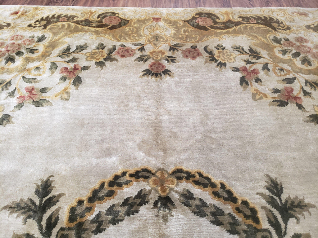 Aubusson Rug 10x14, Elegant French European Design, Vintage Handmade Carpet with Pile, Beige Floral Dining Room Rug, Living Room, Soft Wool