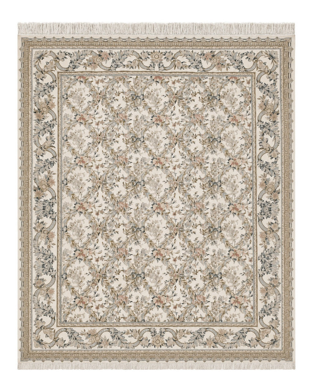 Pak Persian Floral Rug 11 x 12.6, Ivory, Very Fine, Hand Knotted