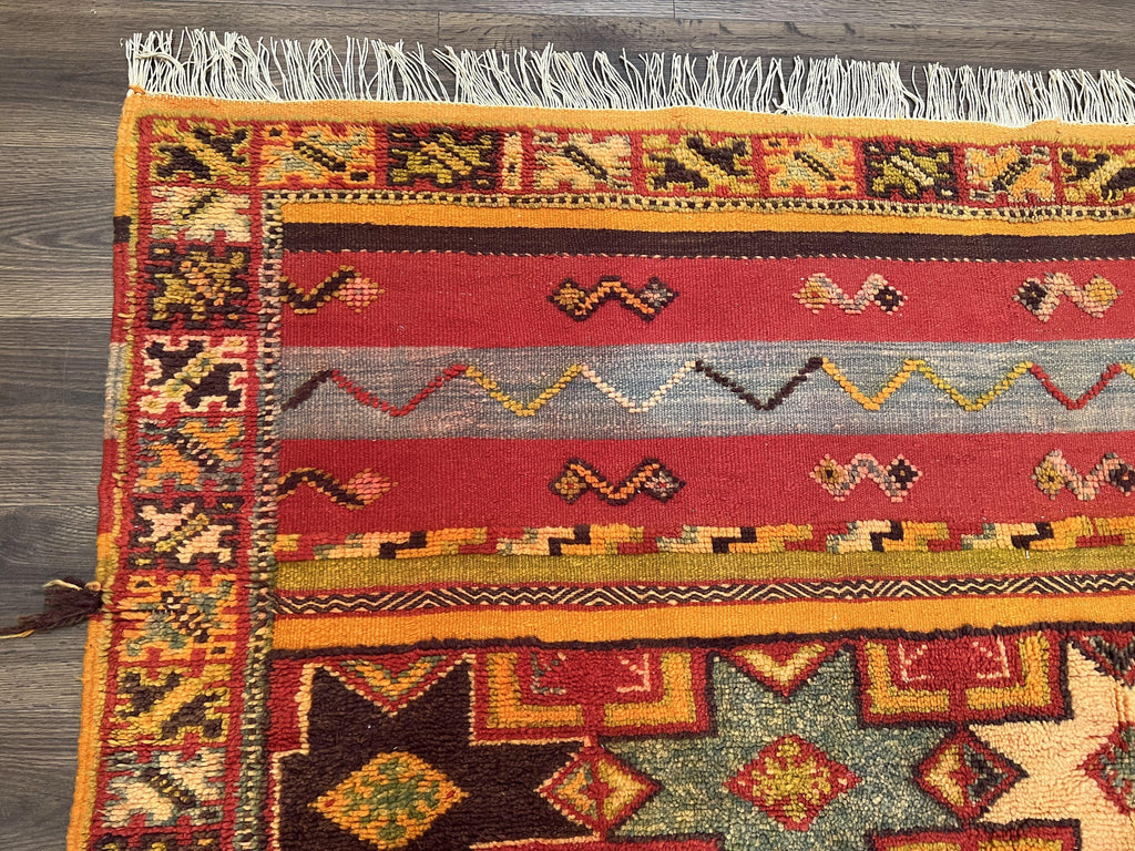 Unique Moroccan Rug 7x10, Room Sized Carpet, Red Orange Gray, Wool Oriental Striped Geometric Tribal Boho Rug, Flatweave with Raised Pile
