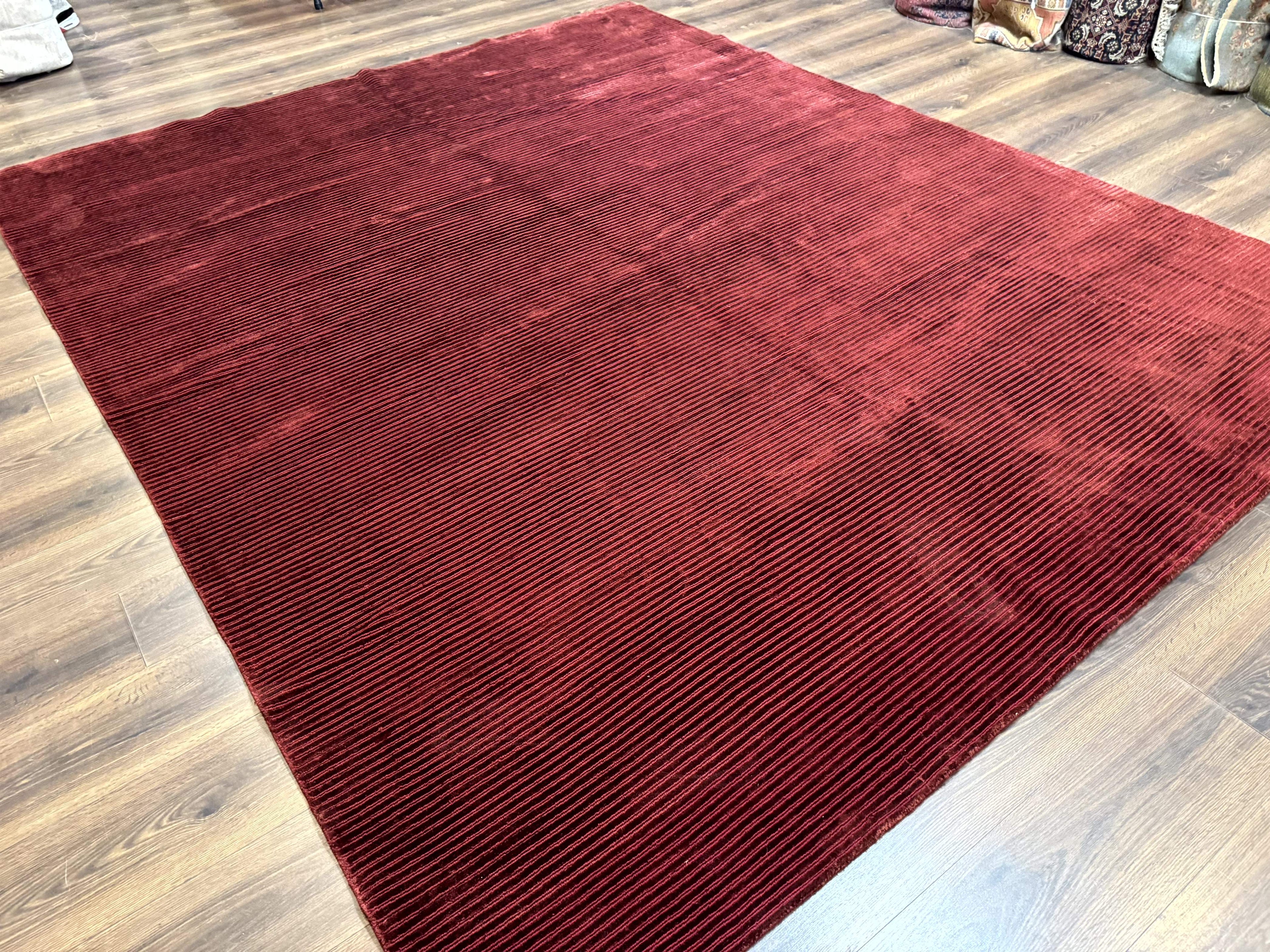 Modern Tibetan Rug 8x10, Red, Stripes, Handmade Wool Thick Pile Carpet