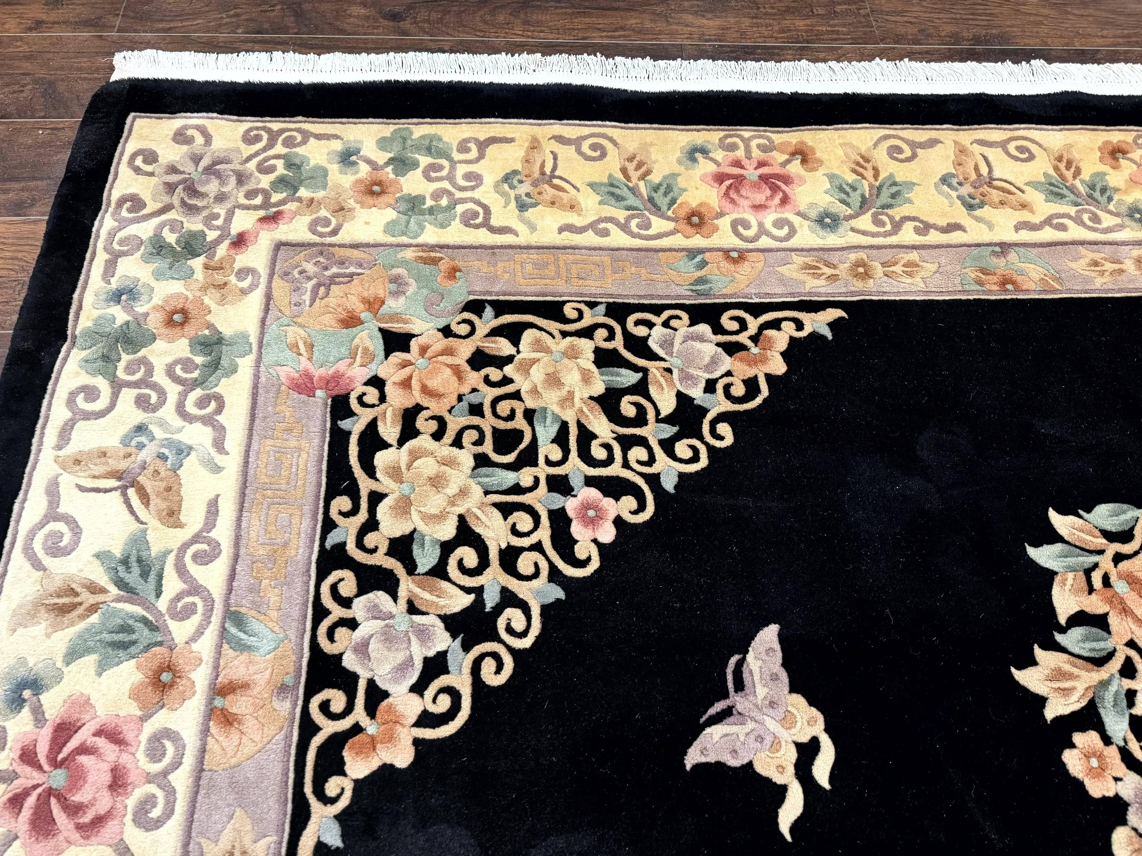 Chinese Wool Rug 9x12, Chinese Carving Carpet, Floral Medallion, Black and Beige, Butterflies, Vintage Asian Oriental Rug, 90 Line Rug