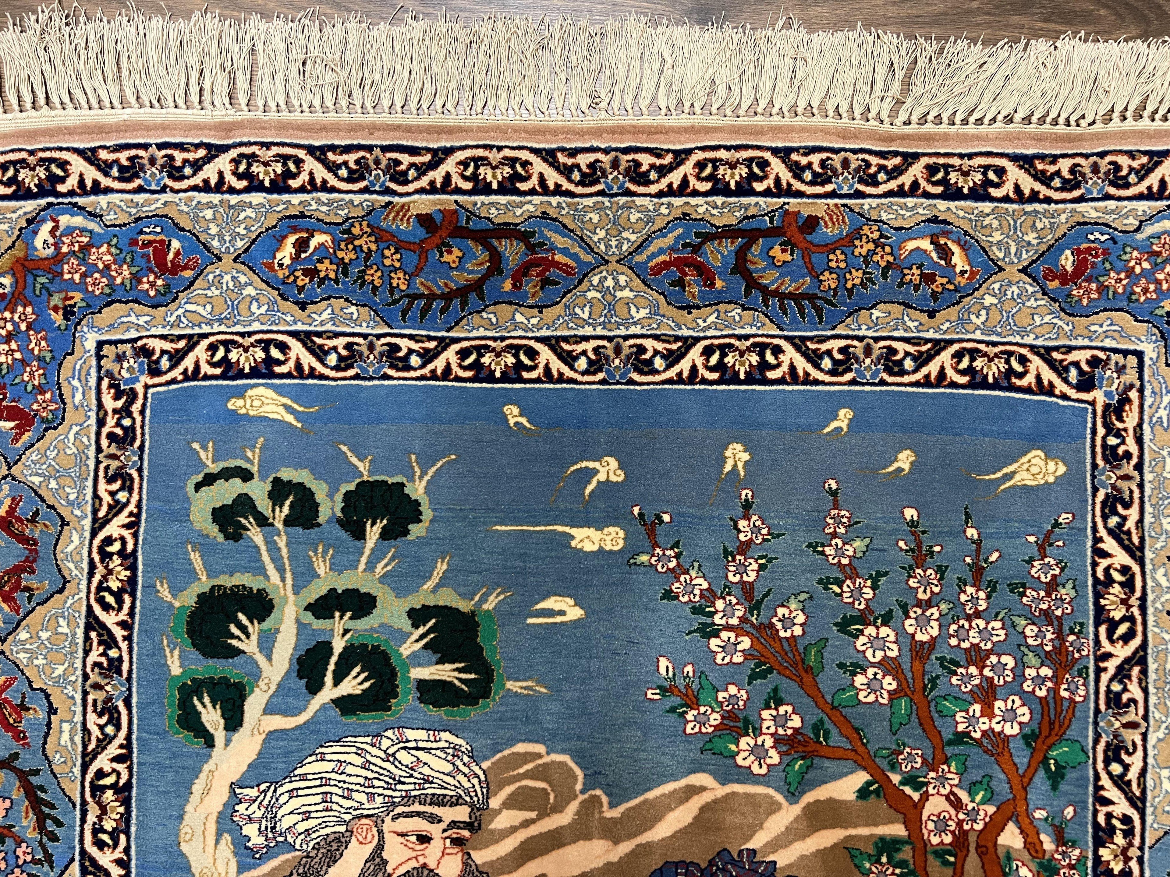 Fine Persian Isfahan Pictorial Rug 3.7 x 5, Kork Wool on Silk Foundation, Blue Persian Carpet, Hand Knotted, Humans Birds, High KPSI, Semi Antique