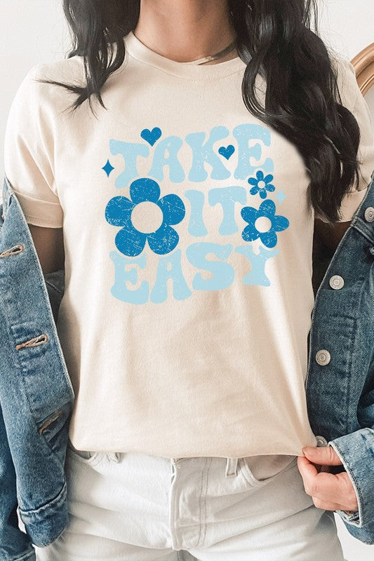 Take It Easy Floral And Hearts Spring Graphic Tee T-Shirt