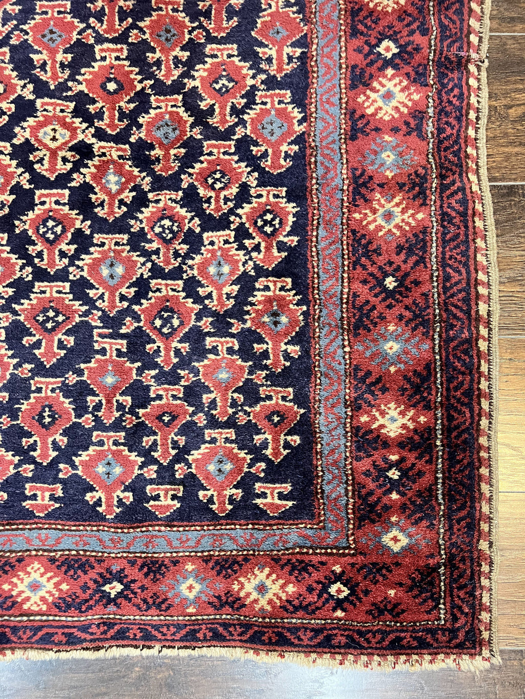 Turkish Sparta Rug 3x4, Allover Pattern, Navy Blue and Red, Antique Ispara Oriental Carpet 3 x 4, Small Turkish Handmade Vintage Wool Rug