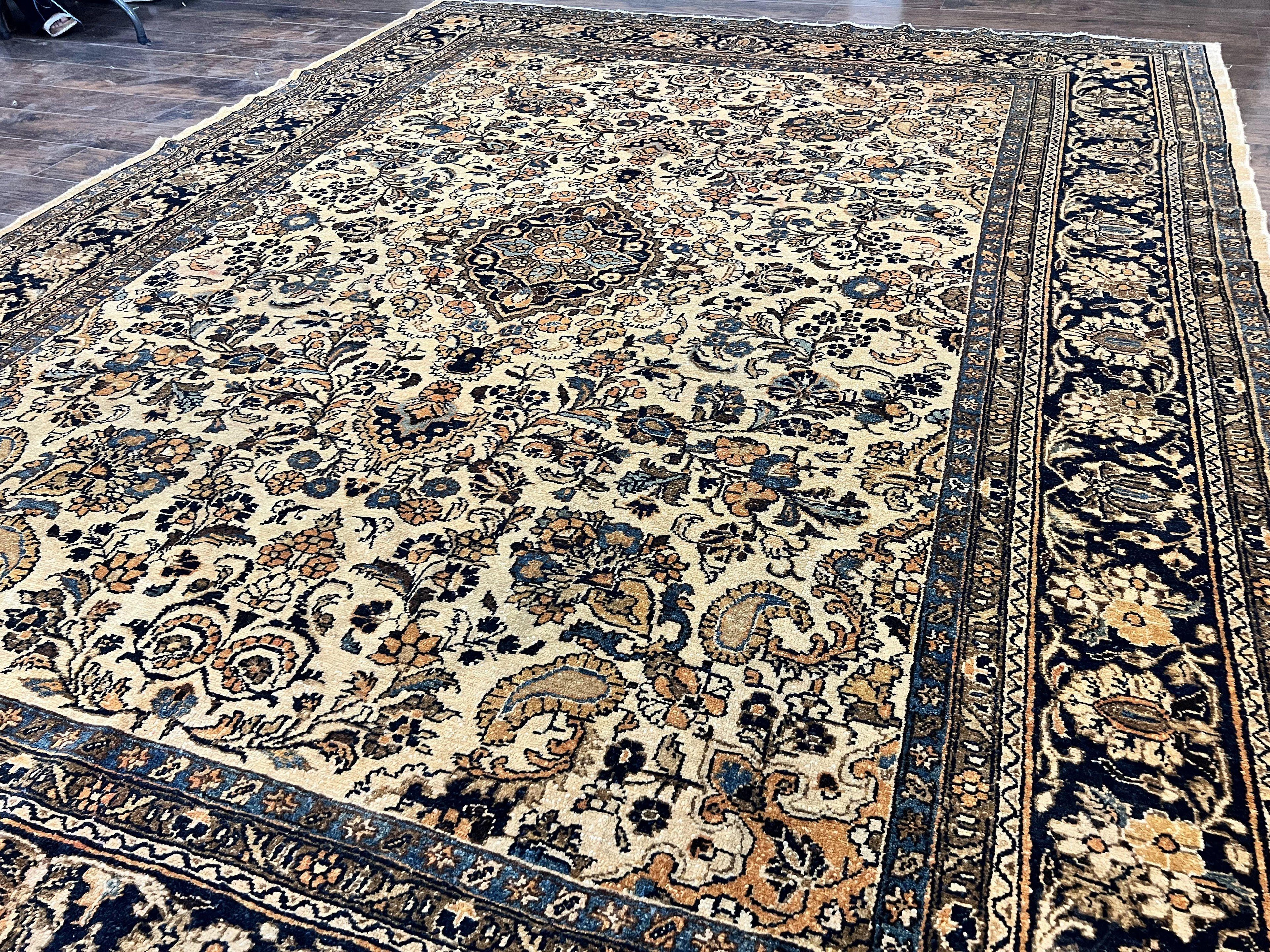 Antique Persian Rug 9x11, Wool Handmade 1920s Oriental Carpet, Persian Hamadan Anjelas Rug, Cream Black, Floral Allover Oriental Rug 9 x 11 Room Sized Rug