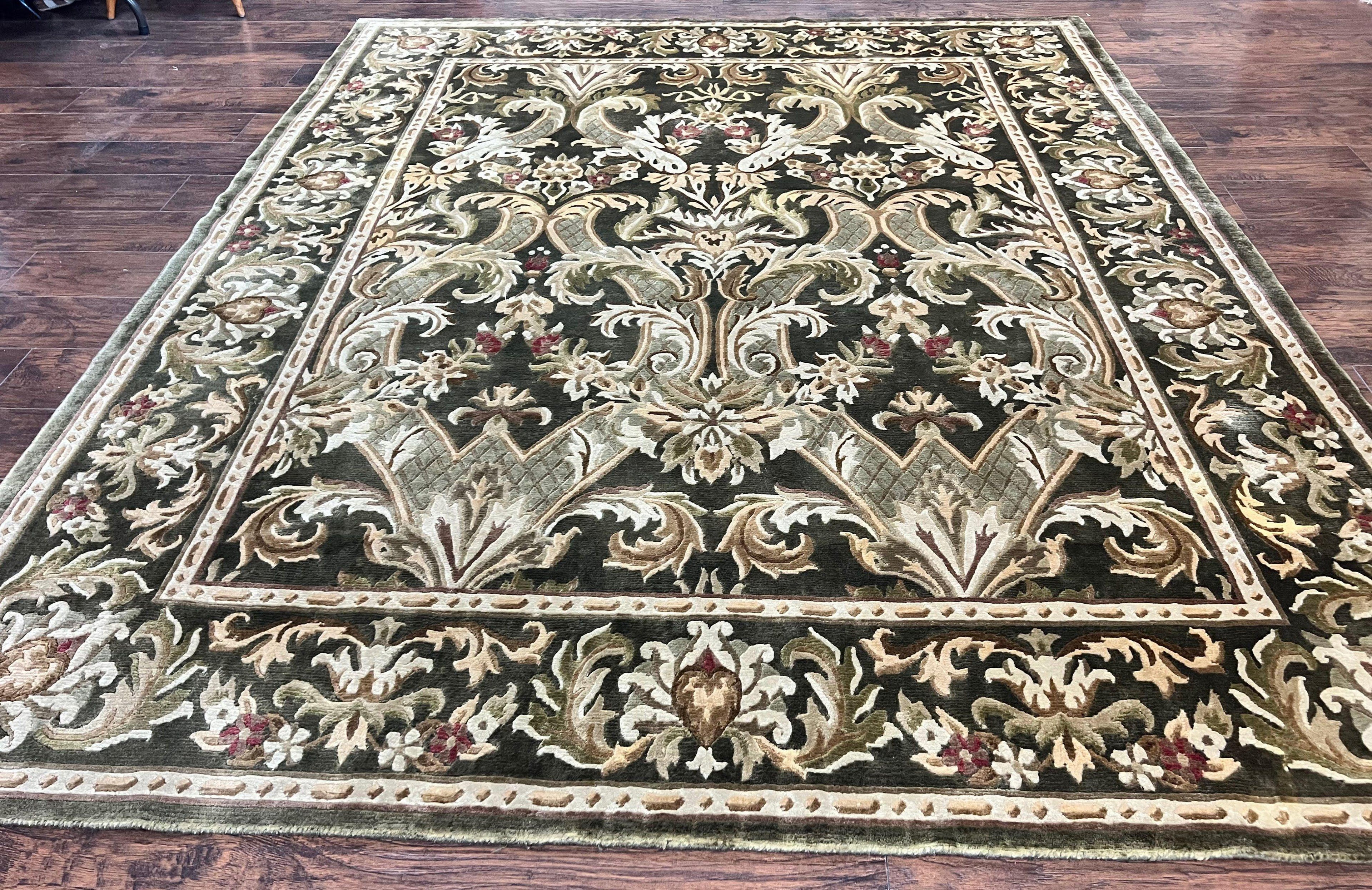 Tibetan Rug 8x10, European Design, Floral, Green, Handmade, Wool, Nepali Rug