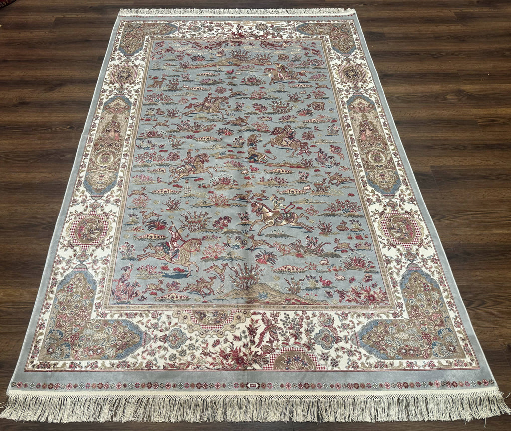 Turkish Silk Rug 5x7, Hunting Design, Animal Pictorials, Bamboo Silk