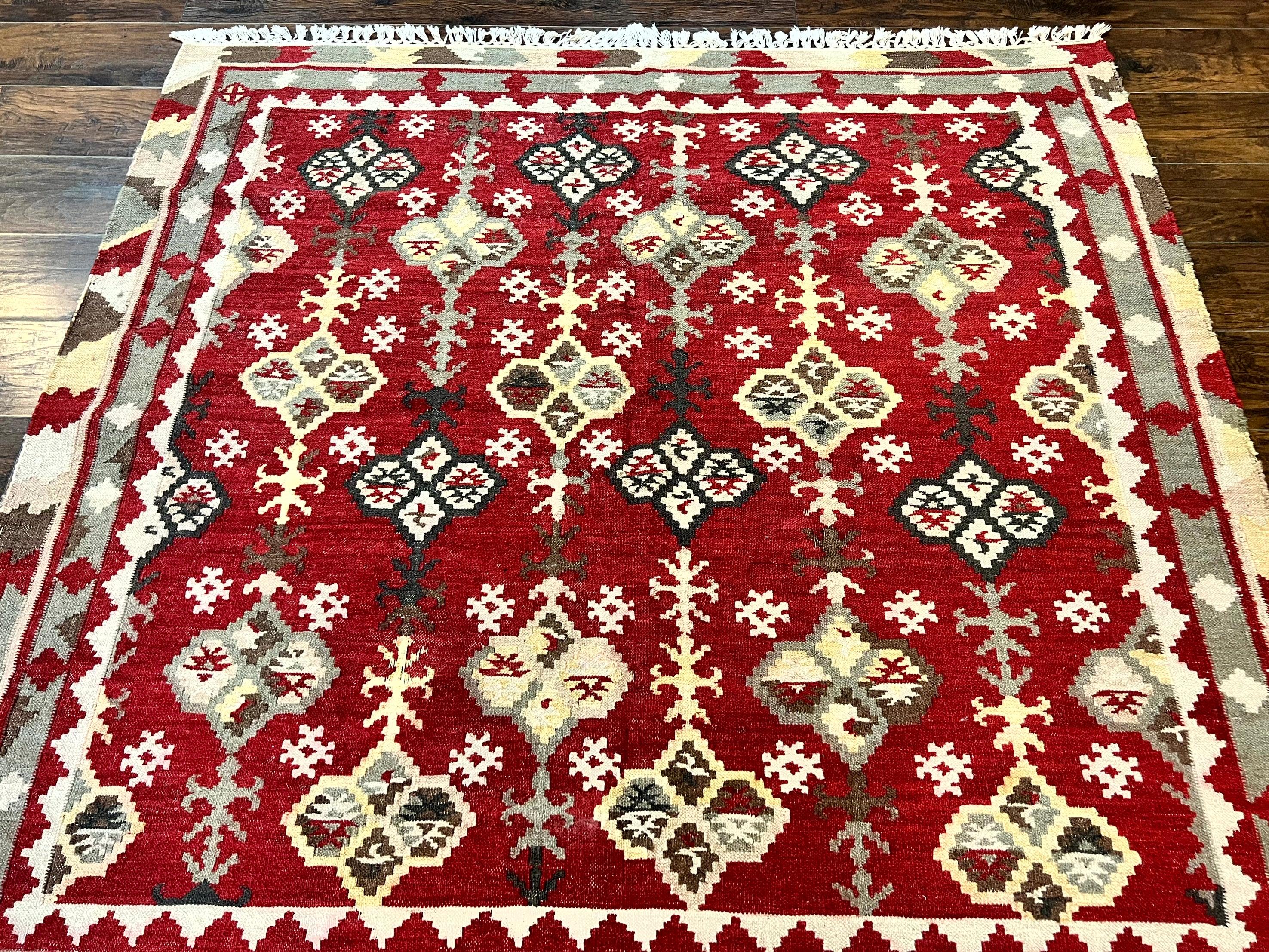 Indian Kilim Rug 6x6, Square Kilim Flatweave Carpet, Vintage Handmade Wool Rug, Red