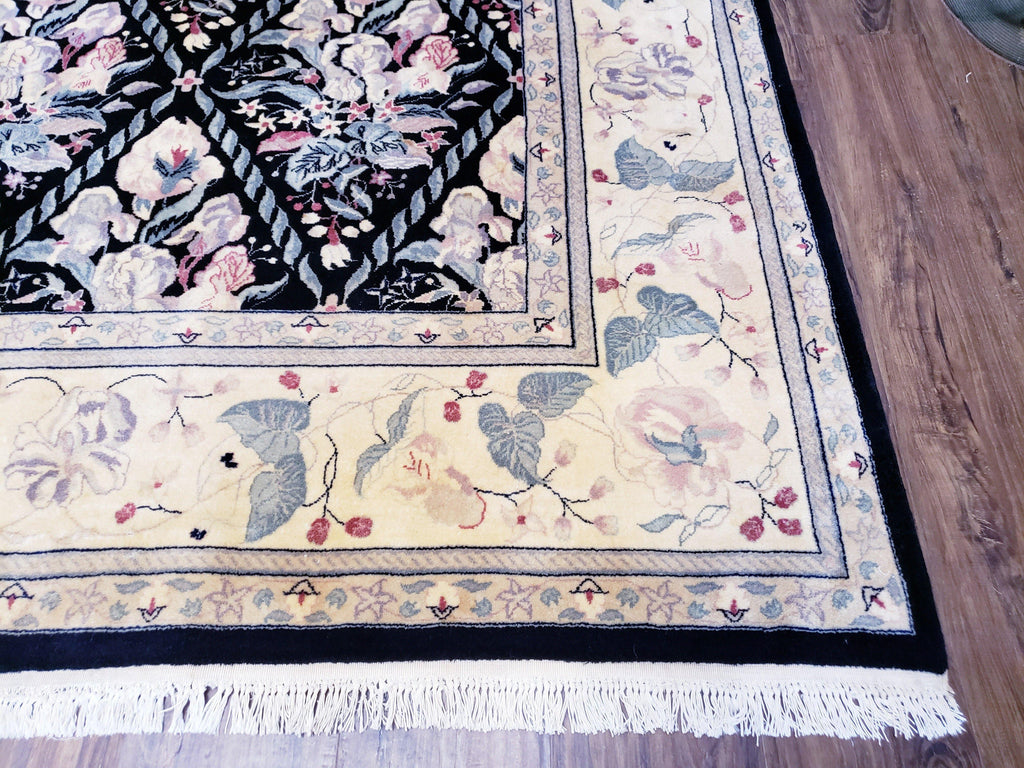 Sino-Persian Kirman Rug 9x12 Floral Handmade Wool Carpet Black & Ivory Vintage