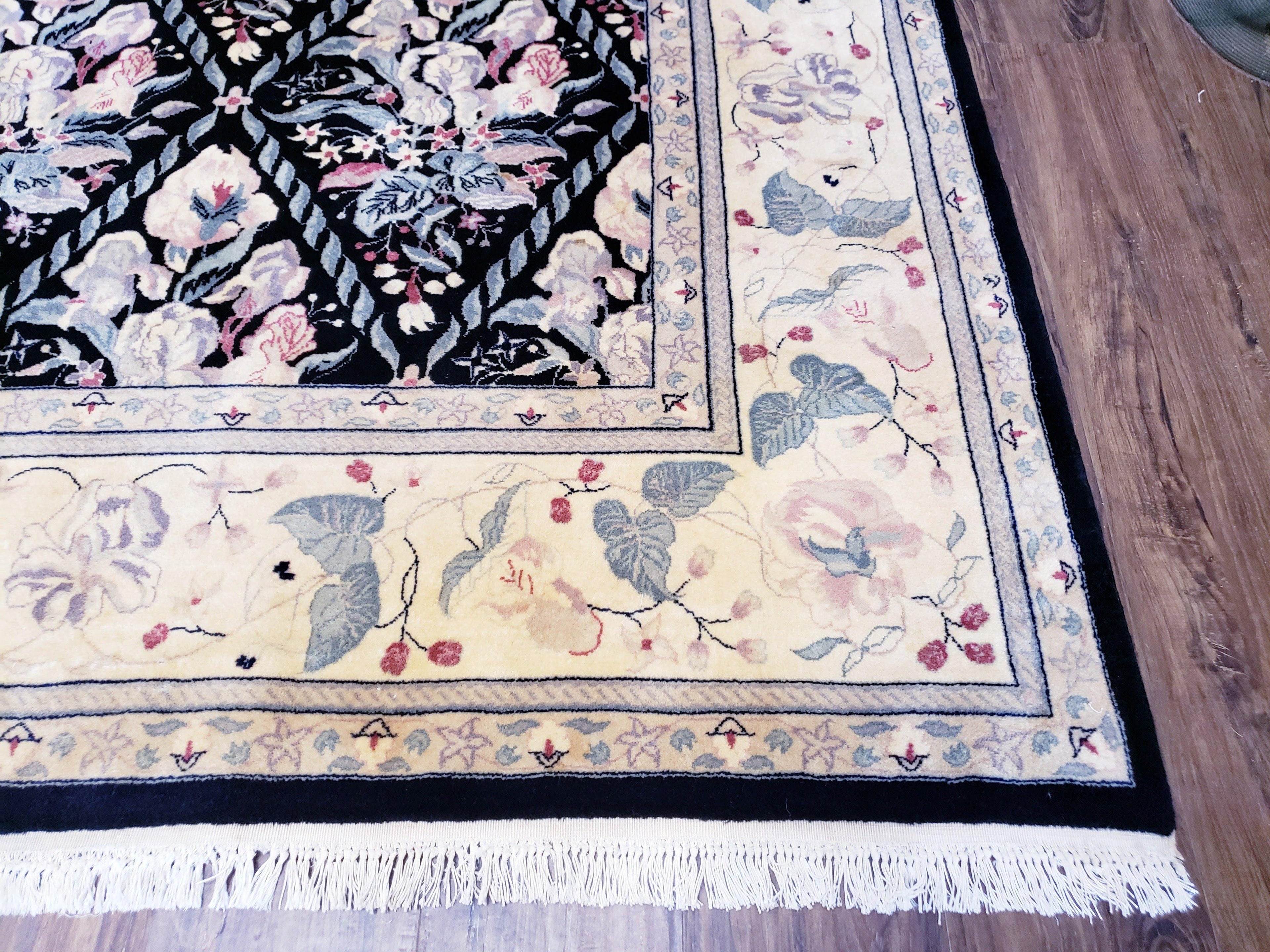 Sino-Persian Kirman Rug 9x12 Floral Handmade Wool Carpet Black & Ivory Vintage