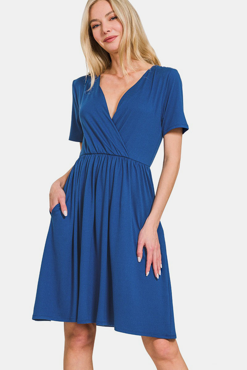 Surplice Short Sleeve Brushed DTY Dress – Elegant, Stylish Surplice Neckline, Soft Brushed Fabric, Comfortable All-Day Wear