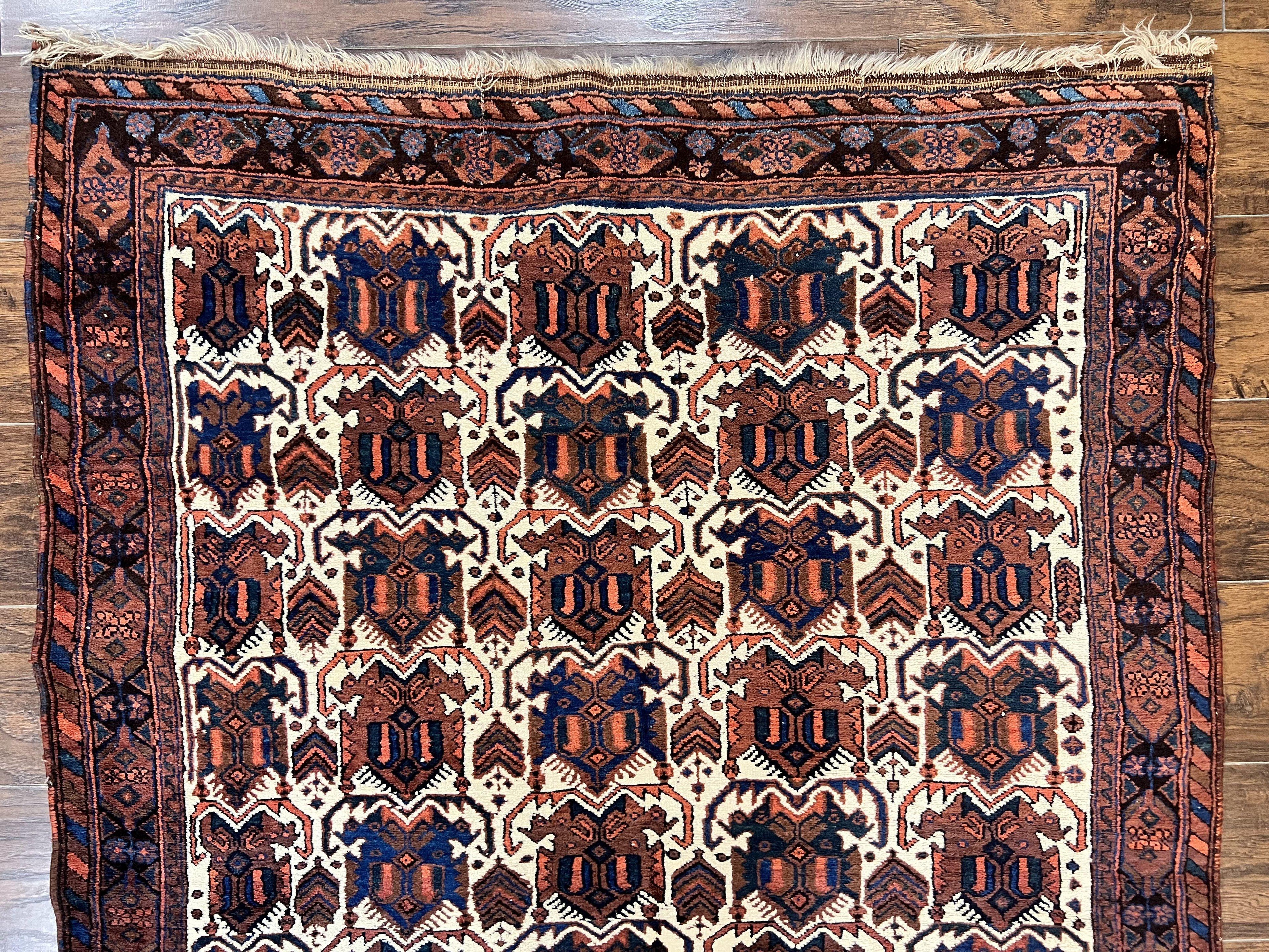 Persian Afshar Rug 4x5, Repeated Motif, Ivory & Burgundy, Wool Tribal Oriental Carpet, Handmade Vintage Semi Antique Medium Sized Rug