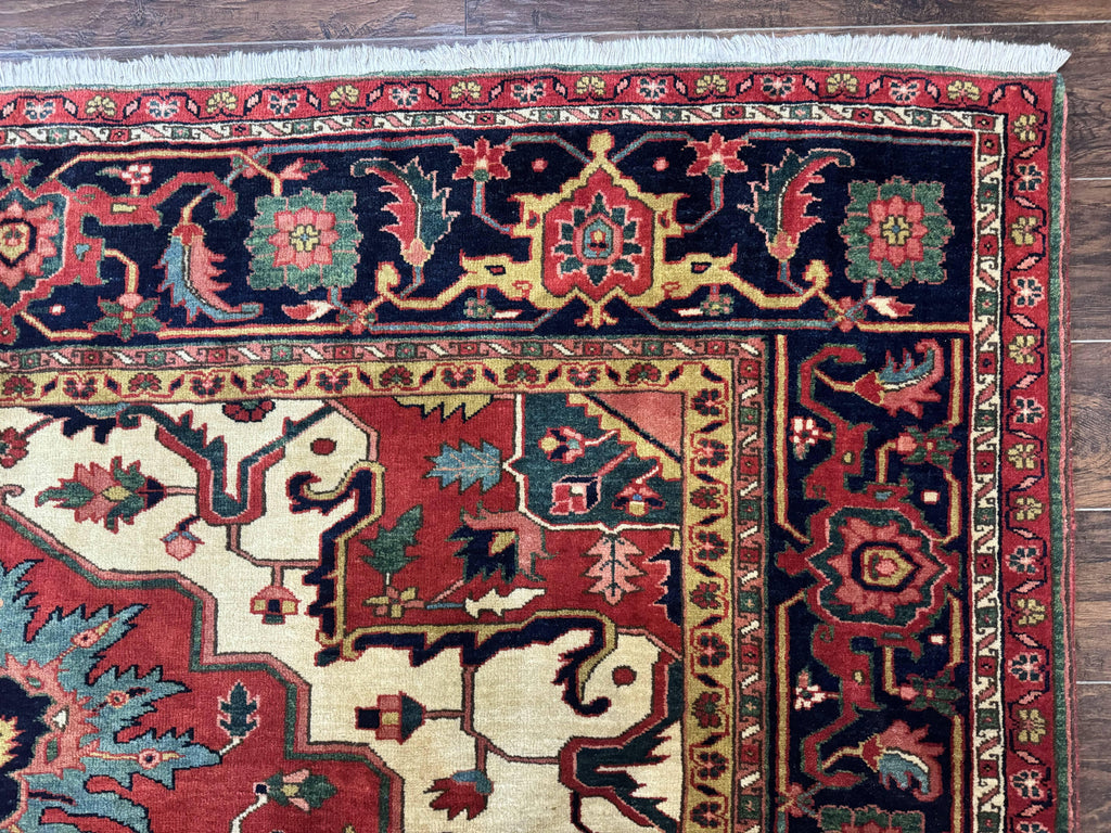 Persian Heriz Serapi Rug 8 x 10.6, Geometric Medallion, Great Colors, Rare, Red Navy Blue Ivory