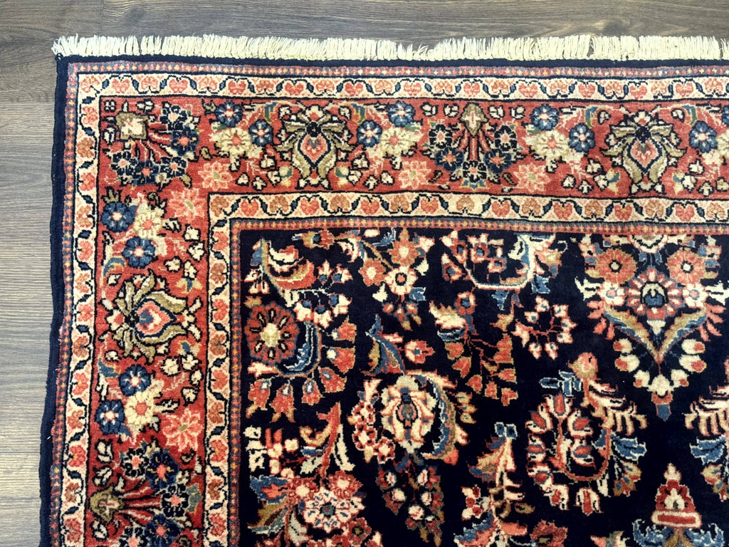 Navy Blue Persian Rug 4x6, Sarouk Mohajeran Carpet, Antique Persian Rug, Floral