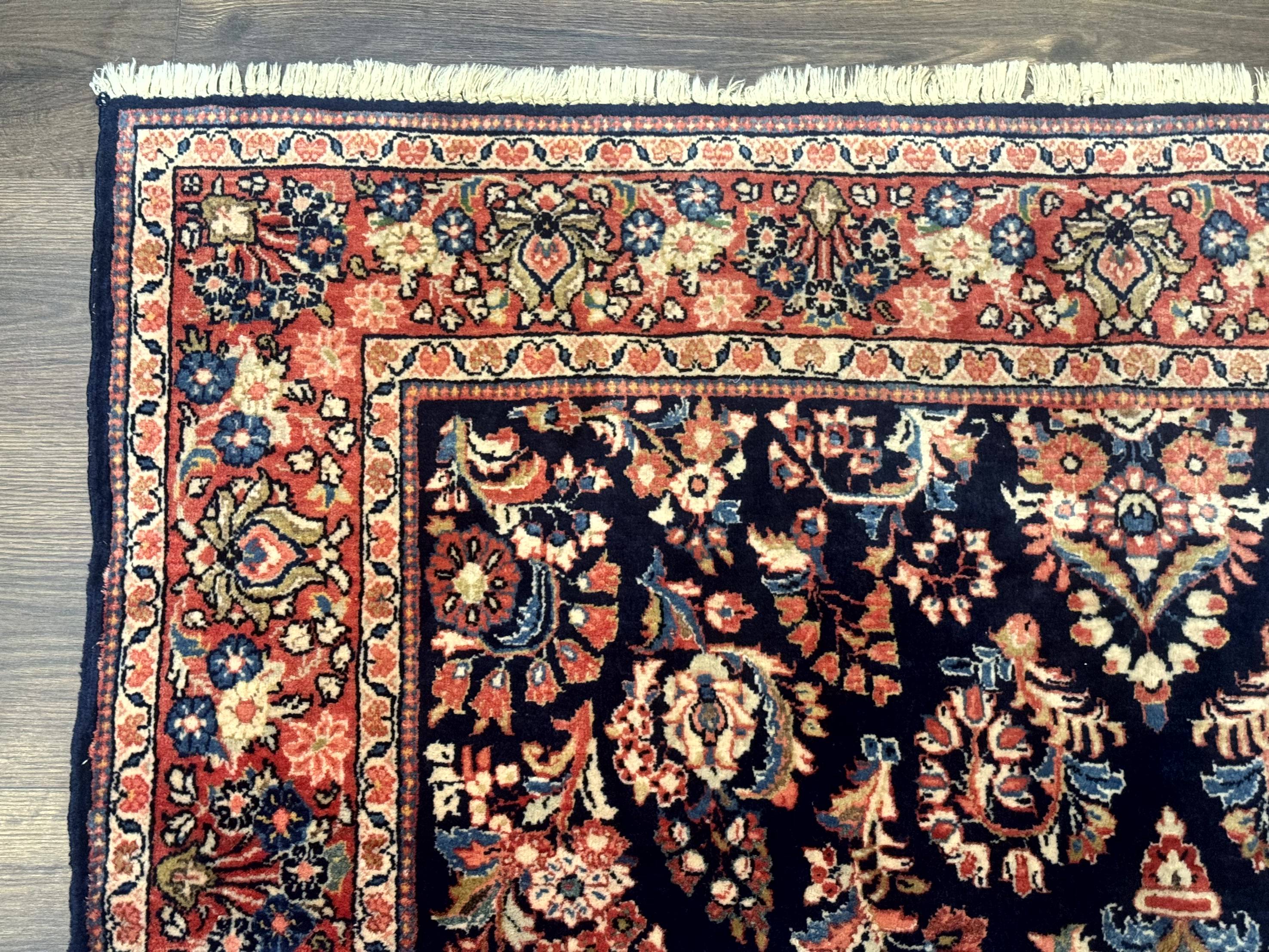 Navy Blue Persian Rug 4x6, Sarouk Mohajeran Carpet, Antique Persian Rug, Floral