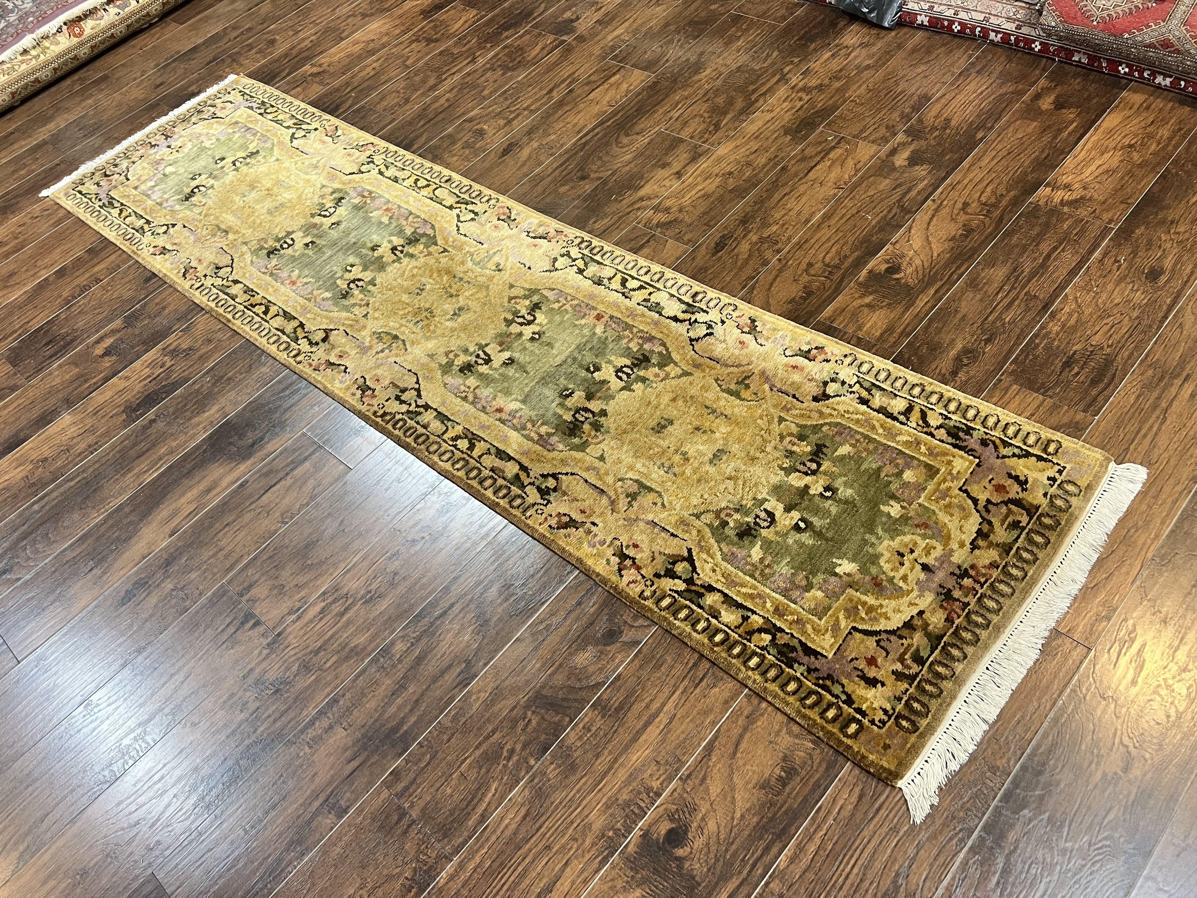 Tibetan Runner Rug 2.6 x 10, French Aubusson Pattern, Gold Olive Green, Vintage Handmade European Design, Wool Hallway Rug