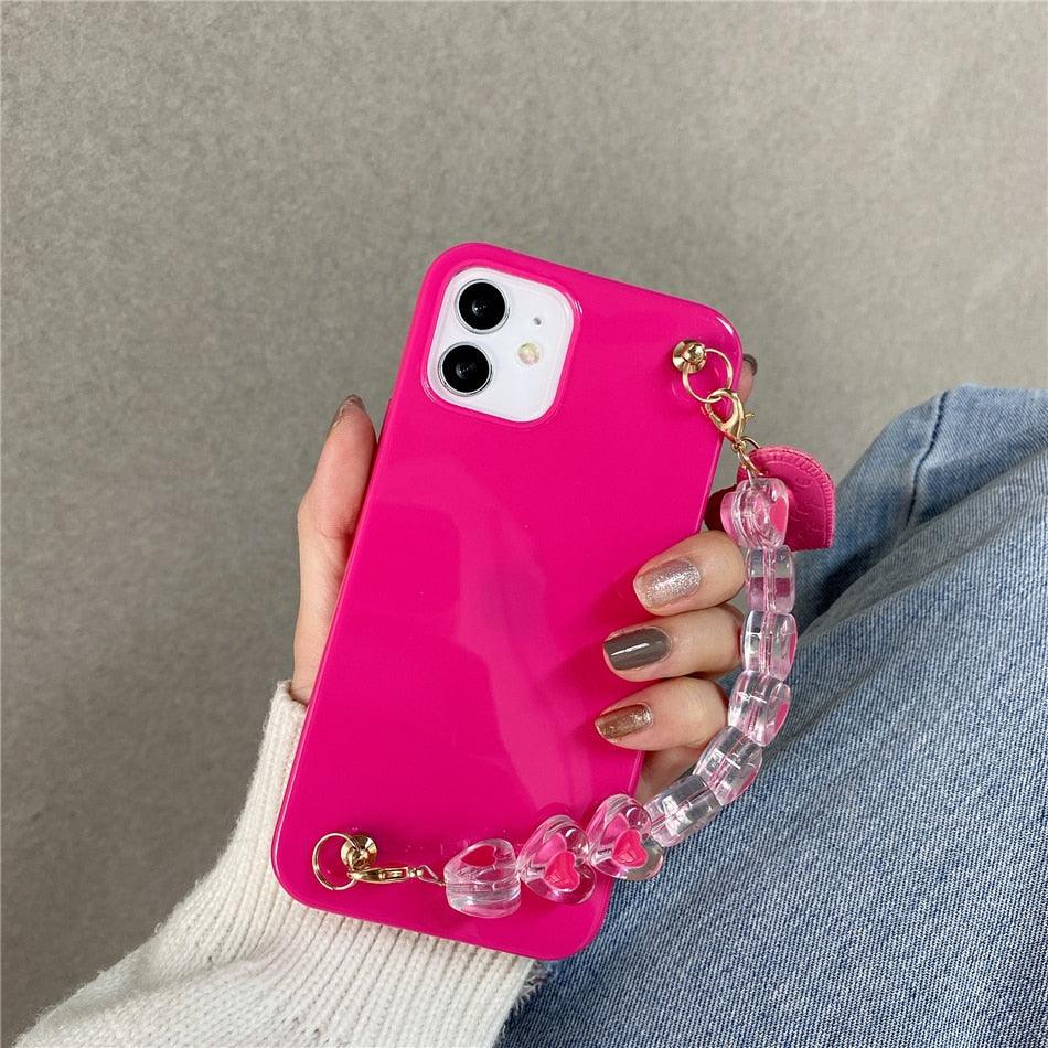 Cute Love Heart Strap Chain Wrist Band Phone Case Bracelet Love-Heart Chain Bracelet Strap Design with Shockproof Soft Back Cover Protective Bumper Case for Women Girls Candy Color Case for iPhone 13 12 11 Pro Soft Cover
