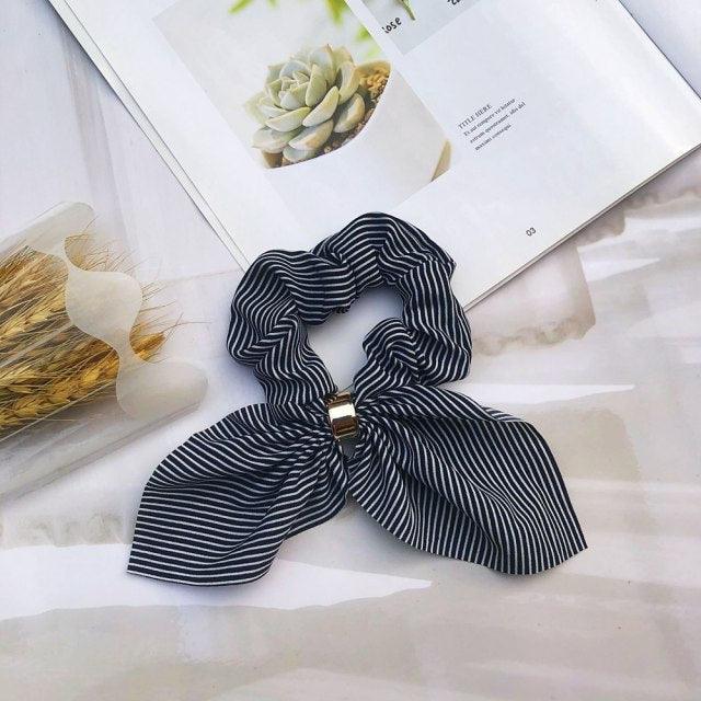 Cute Rabbit Ear Striped Metal Buckle Hair Scrunchies Elastic Hair Bands Ties Rope Bands Ponytail Bands Gorgeous Hair Accessories For Women