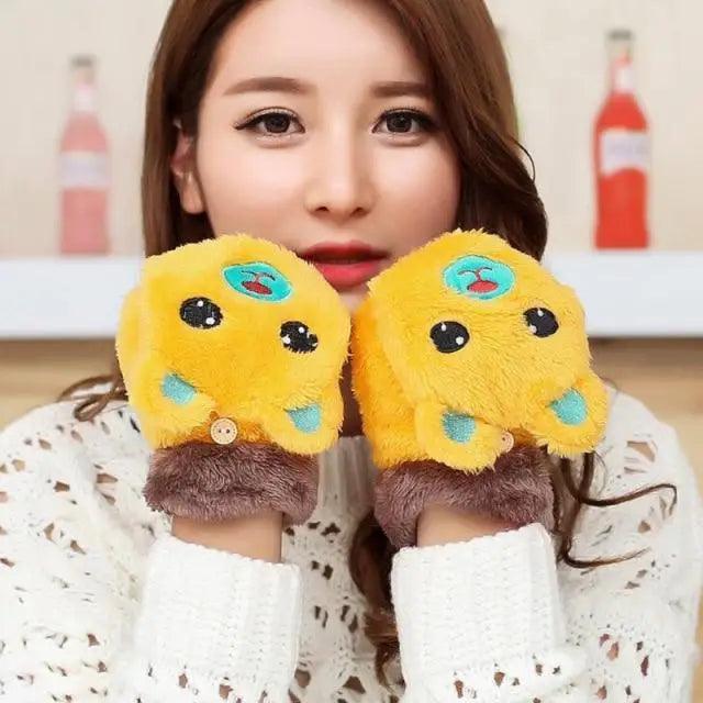 Cute Winter Warm Soft Half Finger Thick One Size Gloves For Women Fashionable Warm Comfortable Stylish Gloves For Girls
