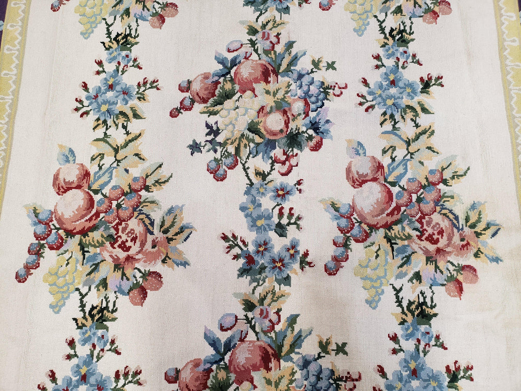 Vintage Chinese Floral Needlepoint Area Rug 6x9, Wool Hand-Woven Handmade Flatweave Rug, Ivory & Purple, Fruits Grapes Apples, Dining Room