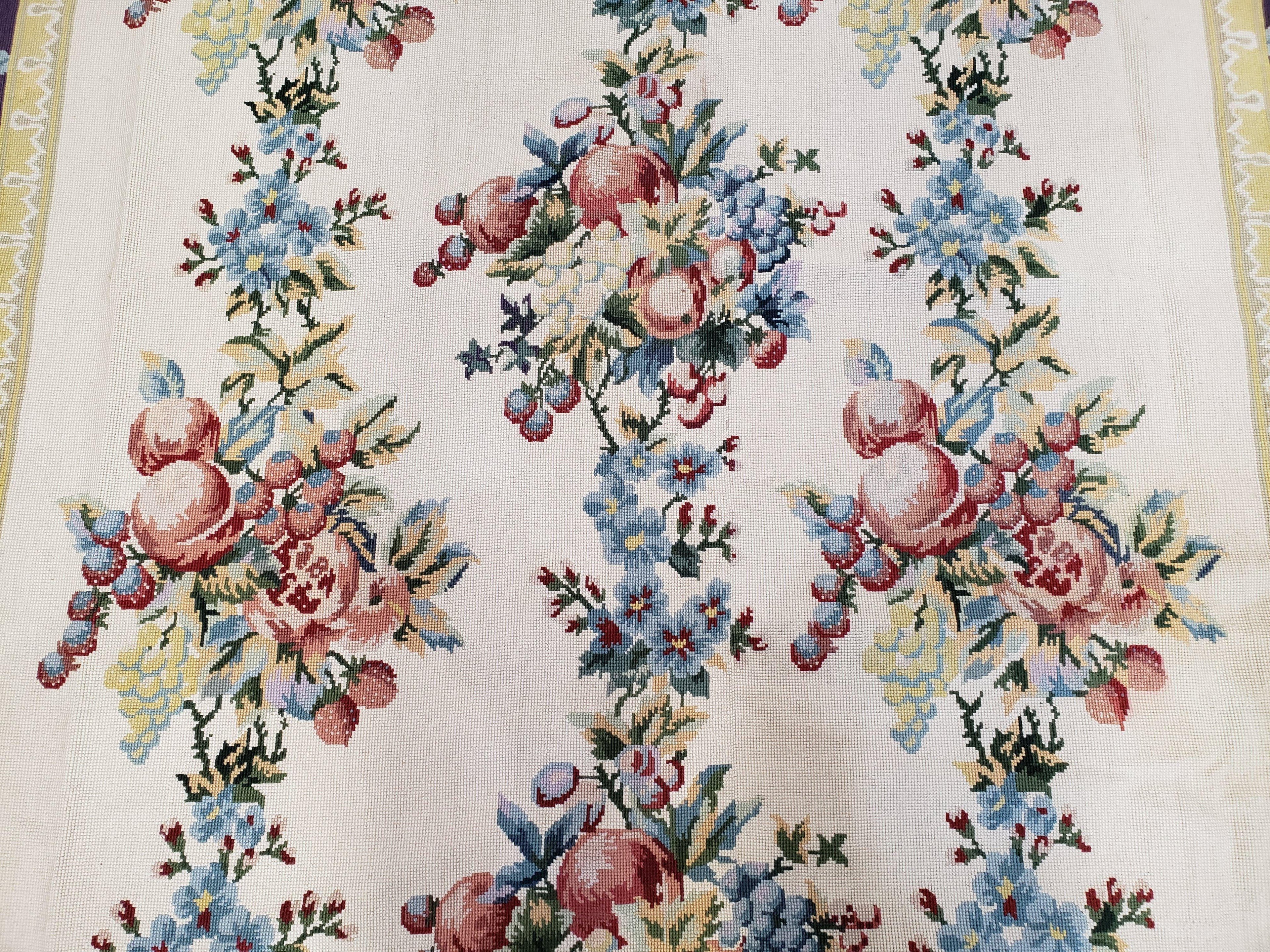 Vintage Chinese Floral Needlepoint Area Rug 6x9, Wool Hand-Woven Handmade Flatweave Rug, Ivory & Purple, Fruits Grapes Apples, Dining Room