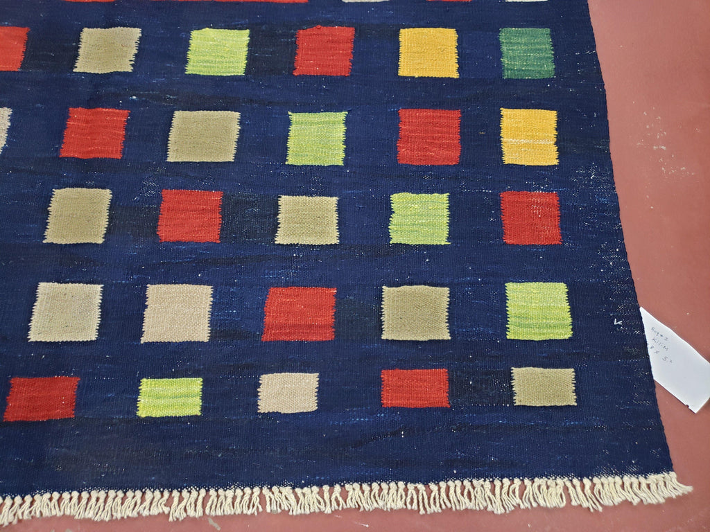 Turkish Kilim Rug 5x7 - 6x8, Checkerboard Kilim Carpet, Area Rug, New Playroom Rug, Colorful Multicolor Rug for Nursery Room, Dark Blue Red