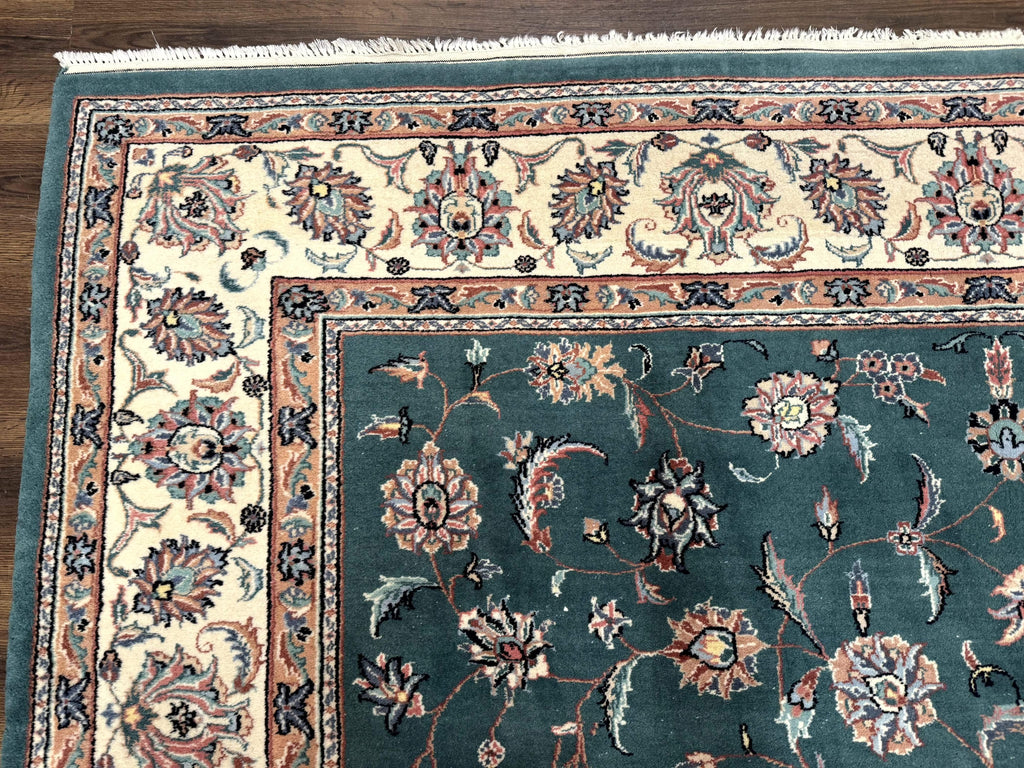 Indo Persian Rug 8x10, Green and Beige Oriental Carpet, Traditional Wool Area Rug, Floral Allover Pattern