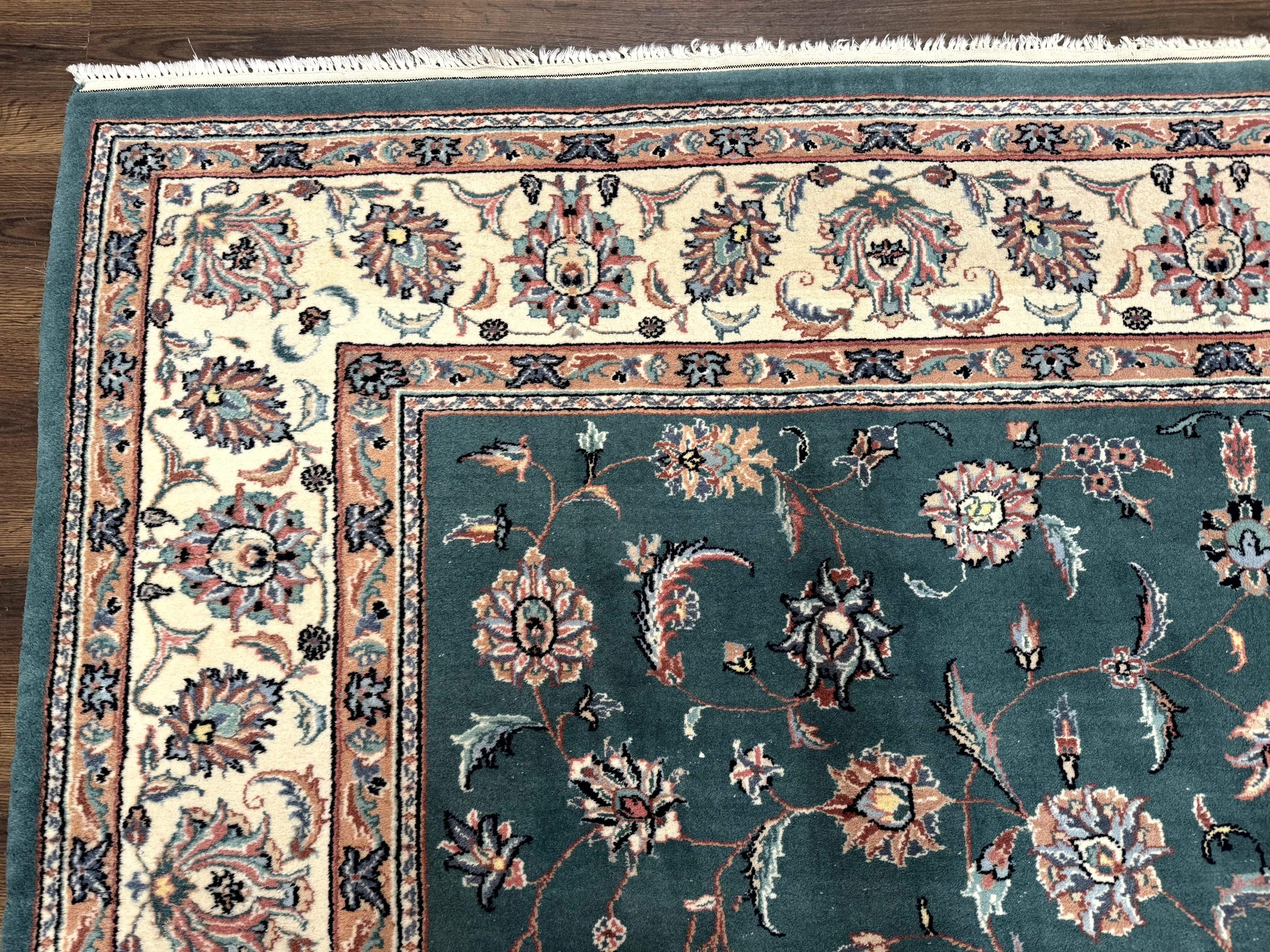 Indo Persian Rug 8x10, Green and Beige Oriental Carpet, Traditional Wool Area Rug, Floral Allover Pattern