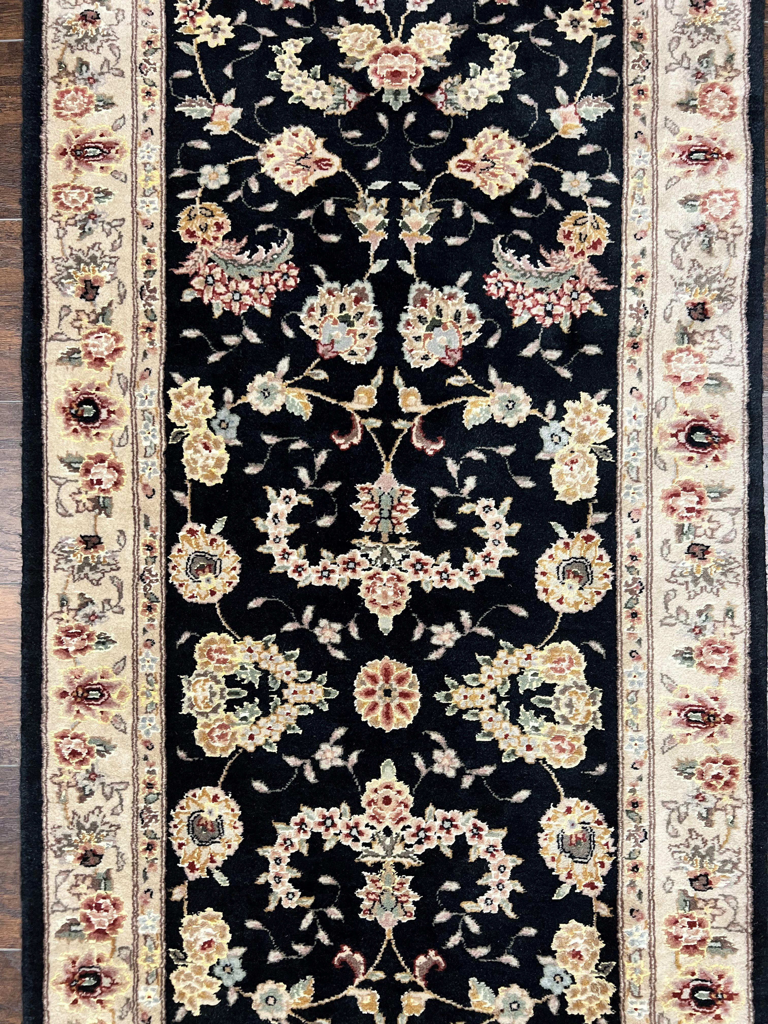 Sino Persian Short Runner Rug 2.7 x 6, Wool and Silk Highlights Black and Beige Handmade Vintage Floral Allover Oriental Carpet, Hallway Rug