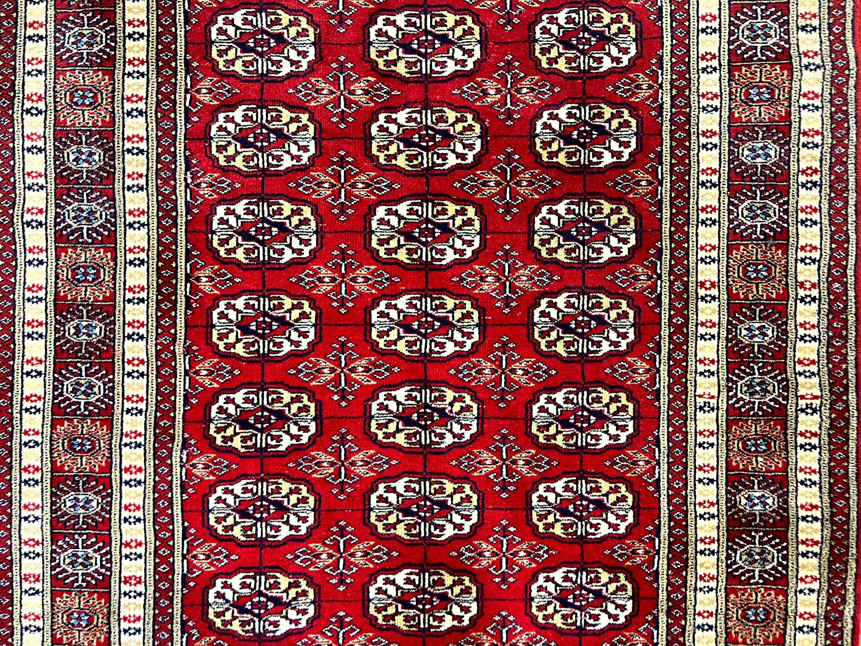Pakistani Bokhara Rug 4x6, Red Turkoman Carpet, Finely Hand Knotted, Wool Vintage Rug