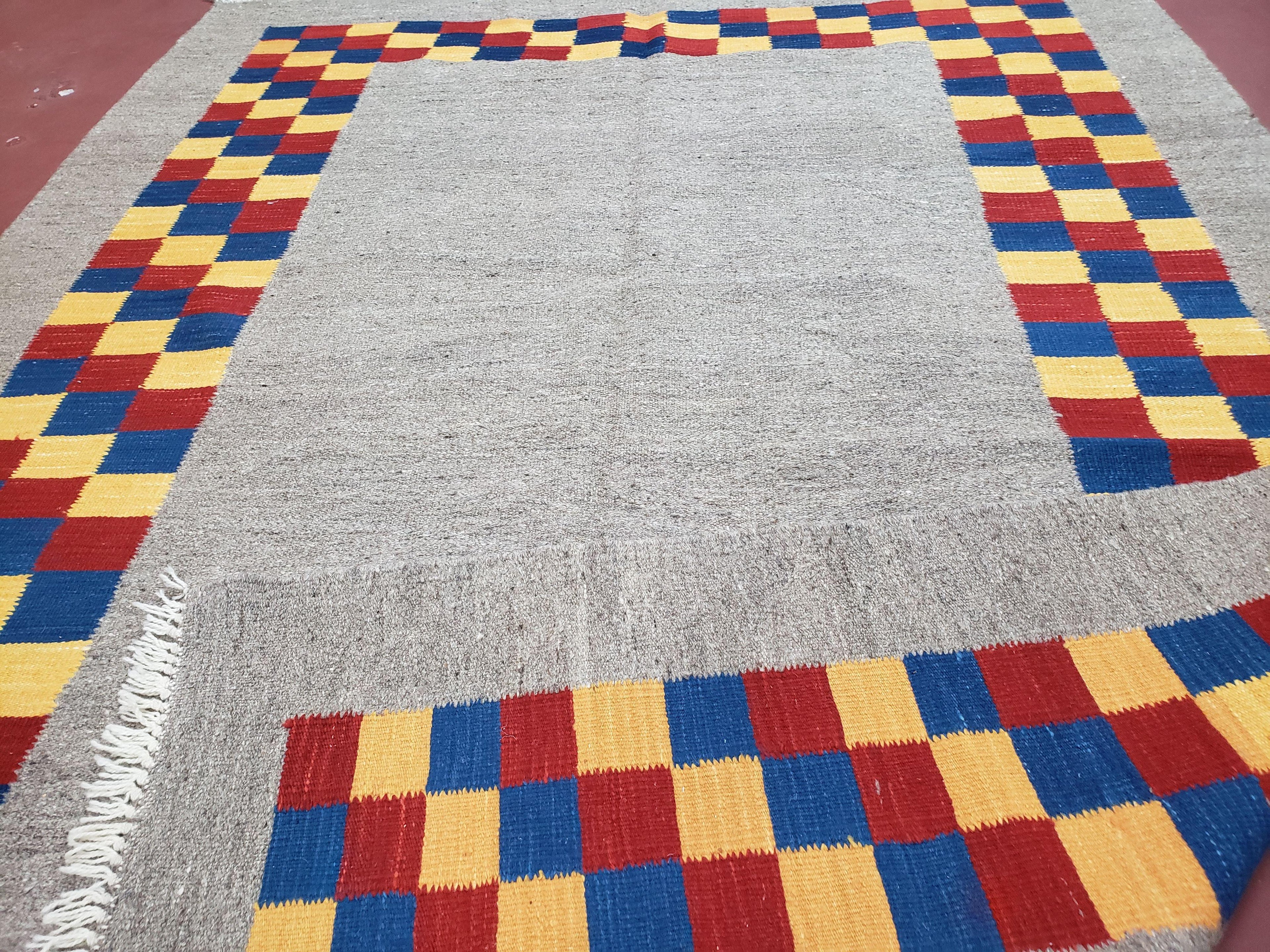 New Turkish Kilim Area Rug, Gray Carpet With Colorful Checker Border, 5'6" x 8", Flatweave Carpet, Playroom Rug, Kids Room Rug, Hand-Knotted