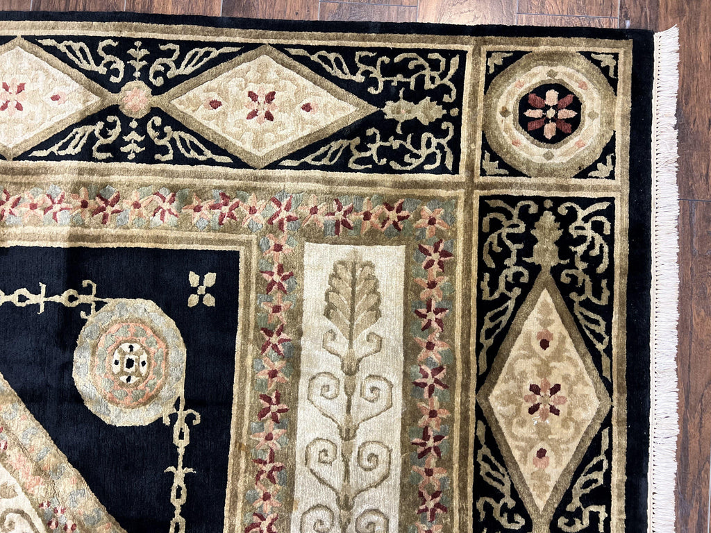 Tibetan Rug 8x10, Nepali Area Rug, Soft New Zealand Wool Carpet 8 x 10 ft, Black Tan Beige, Vintage Handmade Rug, French Aubusson Pattern
