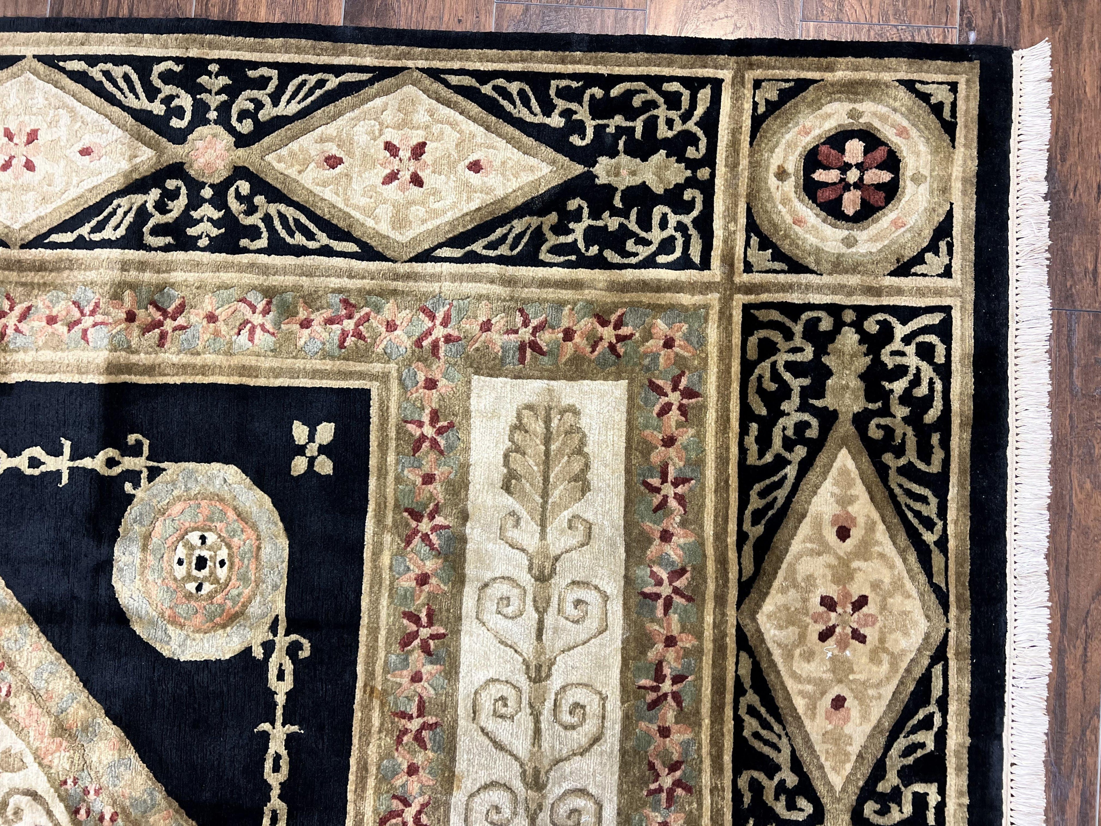 Tibetan Rug 8x10, Nepali Area Rug, Soft New Zealand Wool Carpet 8 x 10 ft, Black Tan Beige, Vintage Handmade Rug, French Aubusson Pattern
