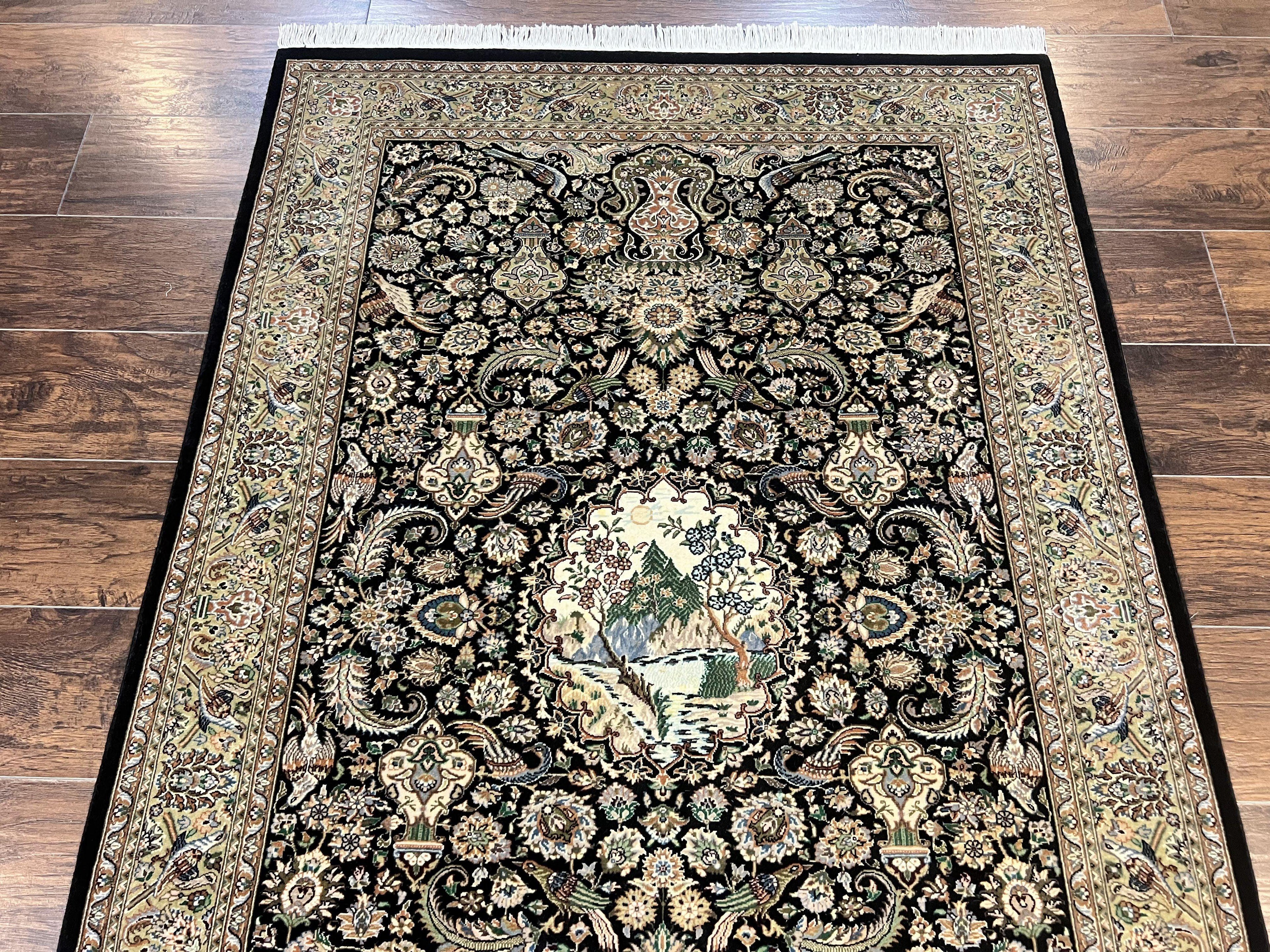Pak Persian Rug 4x6, Wool Hand Knotted Vintage Carpet, Black & Olive Green, Bird Pictorials, Floral Fine Oriental Rug