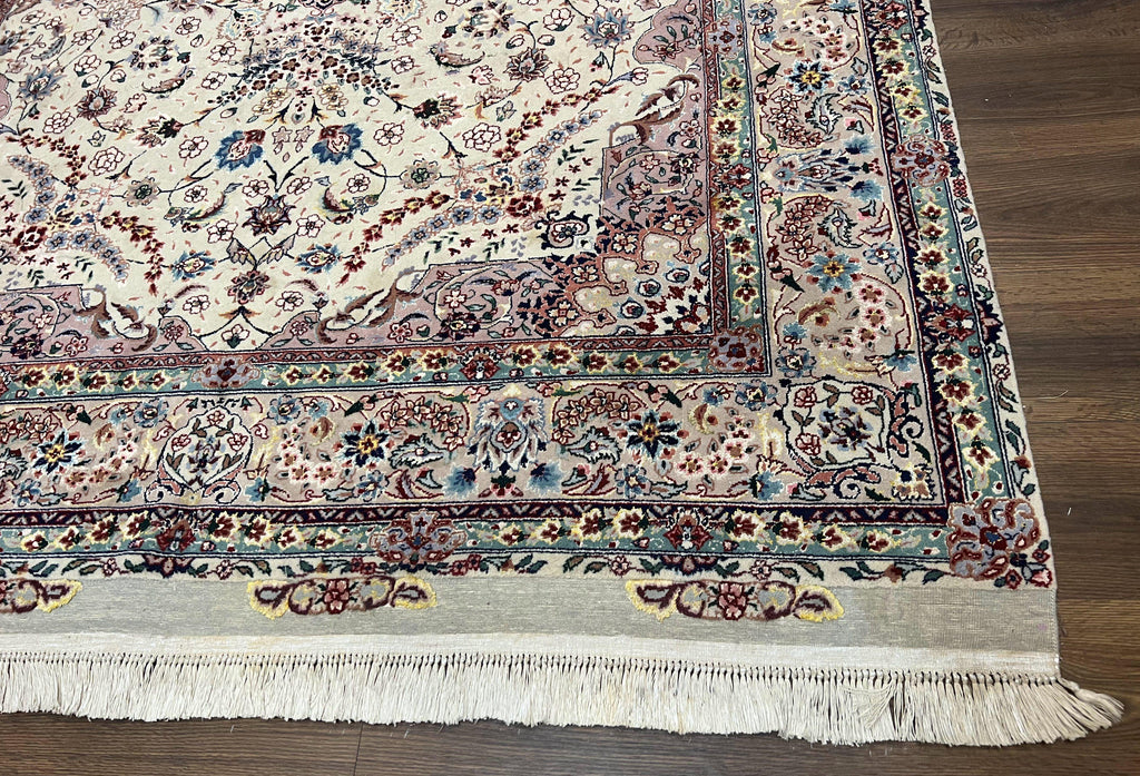 Beautiful Pak Persian Rug 6x9, Floral Medallion, Wool and Silk, Highly Detailed Elegant Carpet, Vintage Oriental Rug 6 x 9, Cream and Gray