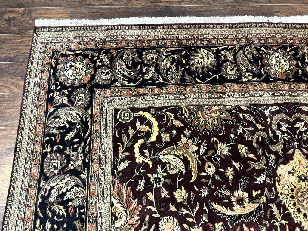 Indo Persian Rug 10x14, Floral Allover, Handmade Vintage Wool Rug, Dark Maroon/Plum and Black