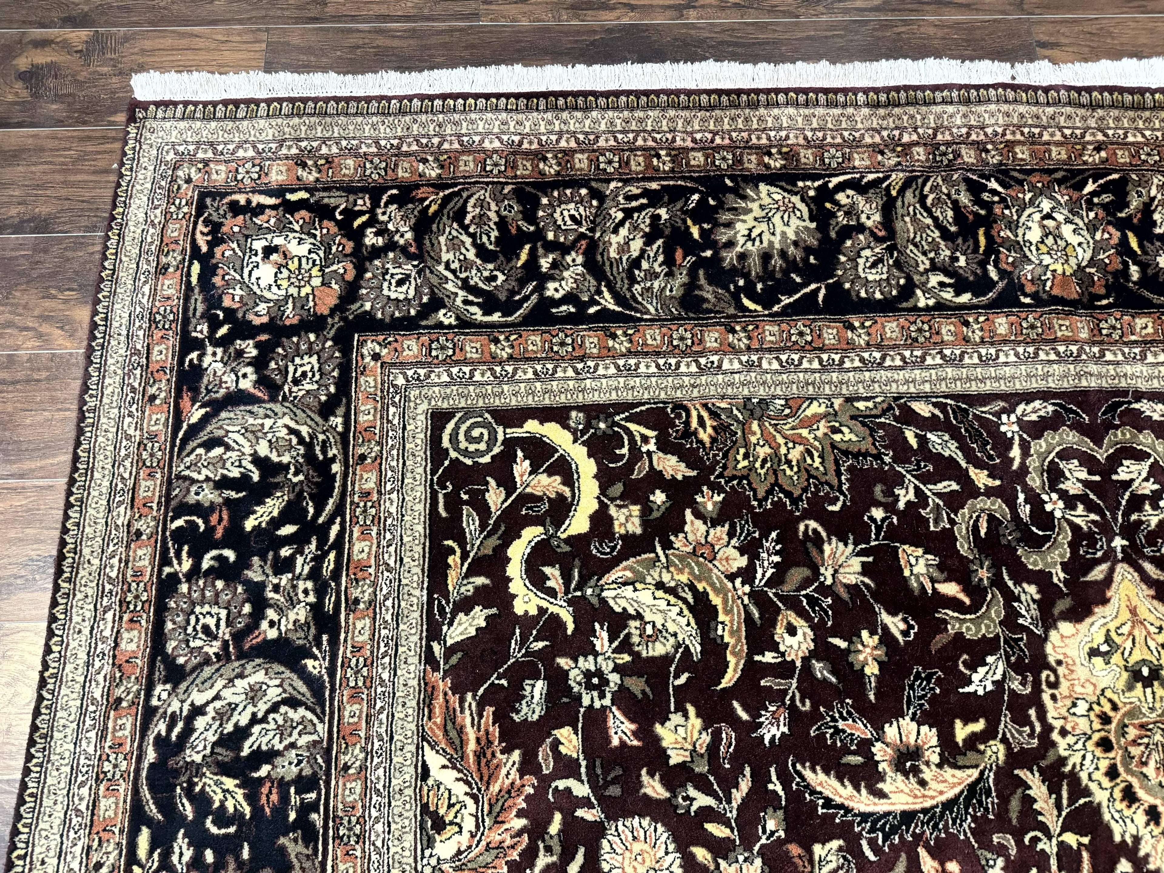 Indo Persian Rug 10x14, Floral Allover, Handmade Vintage Wool Rug, Dark Maroon/Plum and Black