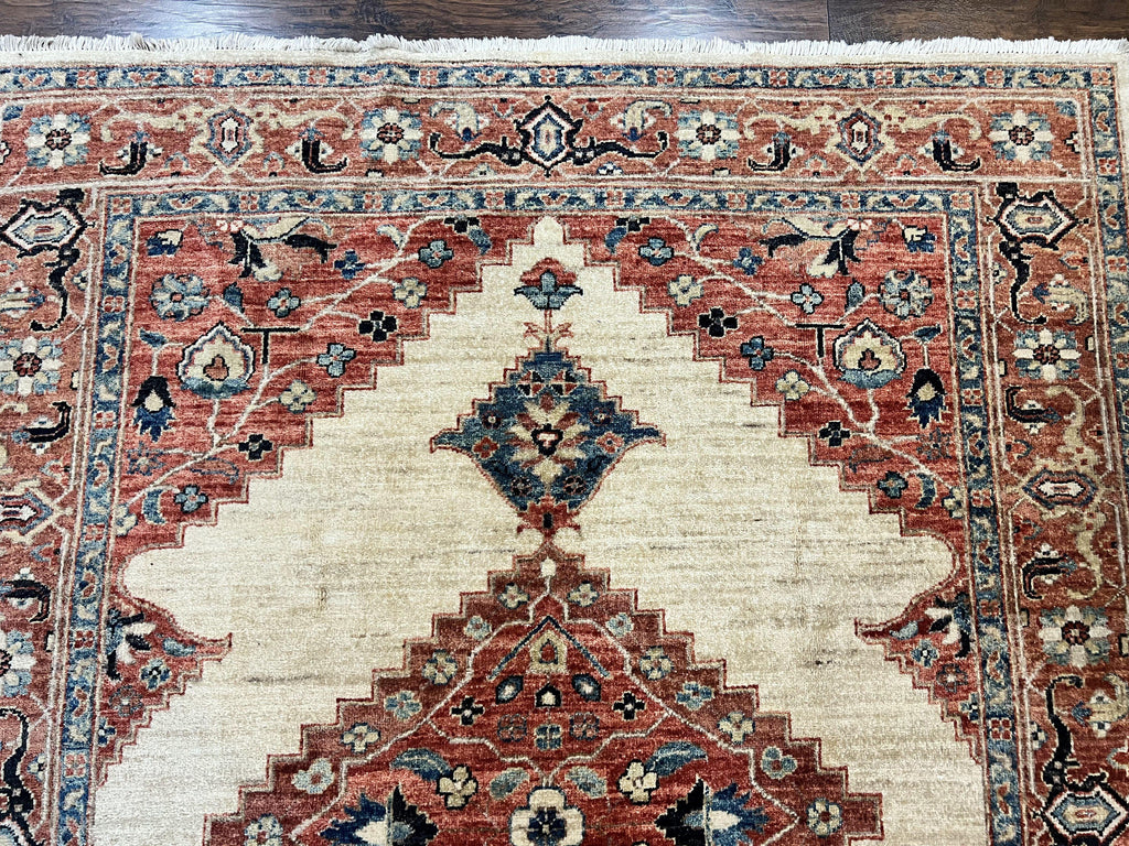 Peshawar Rug 5x7, Wool Hand Knotted Handmade Vintage Carpet, Serapi Design, Pakistani Rug 5 x 7 ft, Medium Sized, Geometric Rug