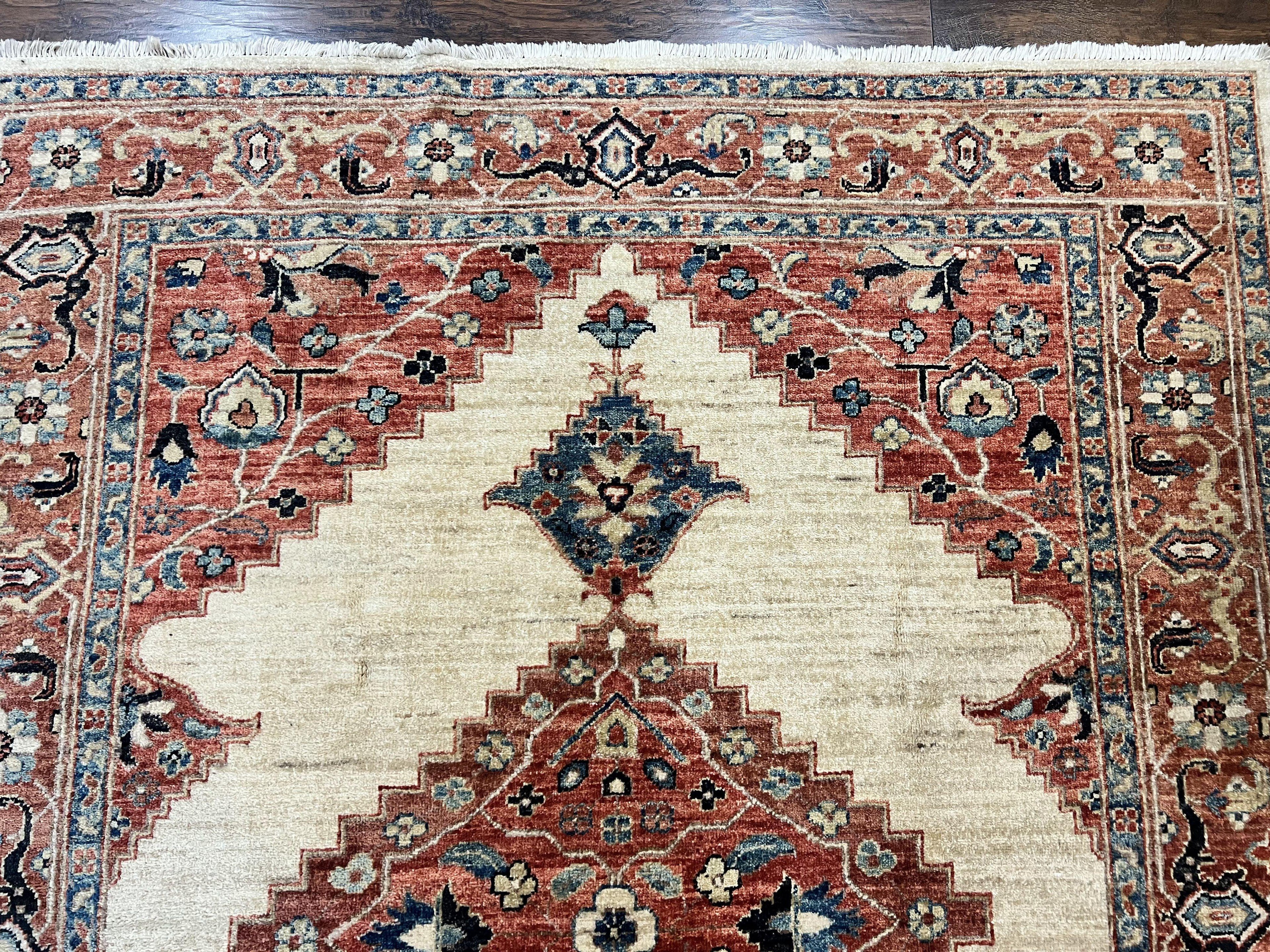 Peshawar Rug 5x7, Wool Hand Knotted Handmade Vintage Carpet, Serapi Design, Pakistani Rug 5 x 7 ft, Medium Sized, Geometric Rug