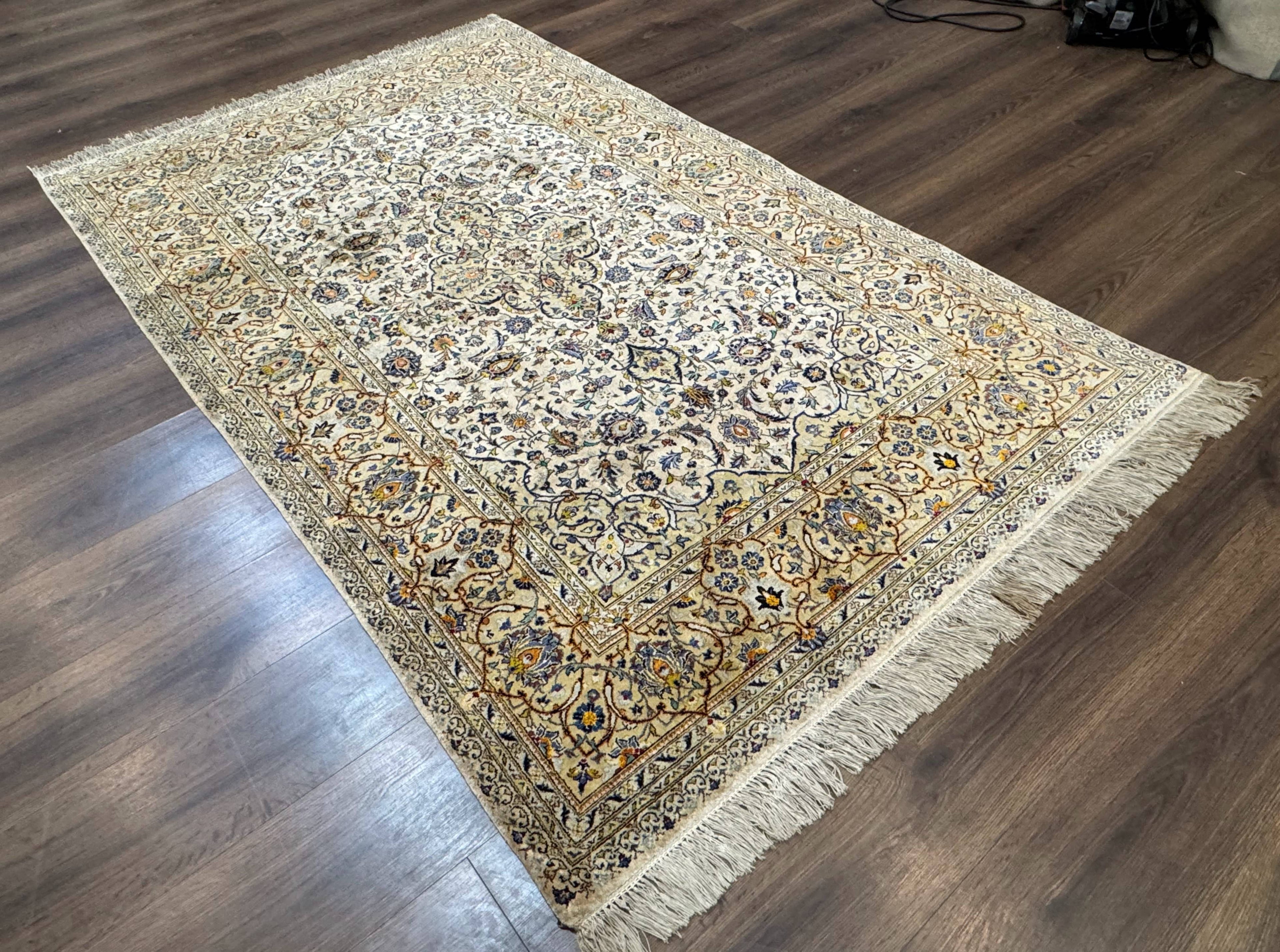 Rare Silk Persian Kashan Rug 4.6 x 7, Antique Fine 310 KPSI, Ivory
