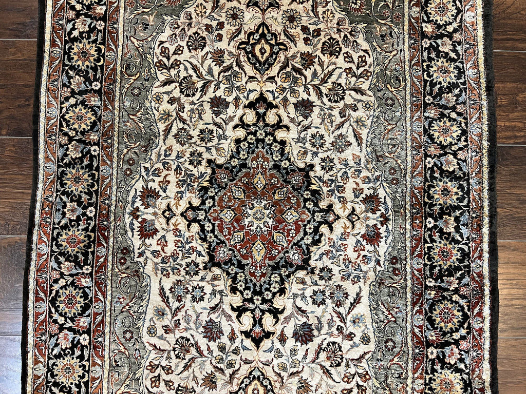 Silk Sino Persian Rug 3x5, Floral Medallion, Hand Knotted Silk Pile Silk Foundation, Traditional Silk Handmade Oriental Carpet, Cream Black