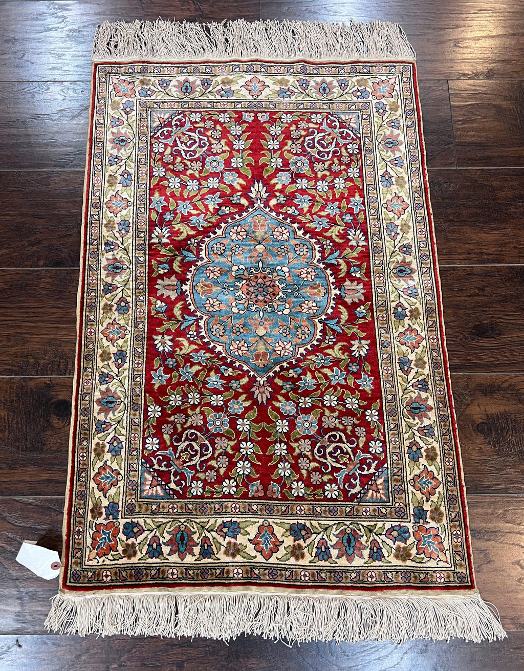 Silk Turkish Kayseri Rug 2x3, Small All Silk Turkish Carpet, Red and Light Blue, Very Fine Hand Knotted Semi Antique Vintage Handmade Rug