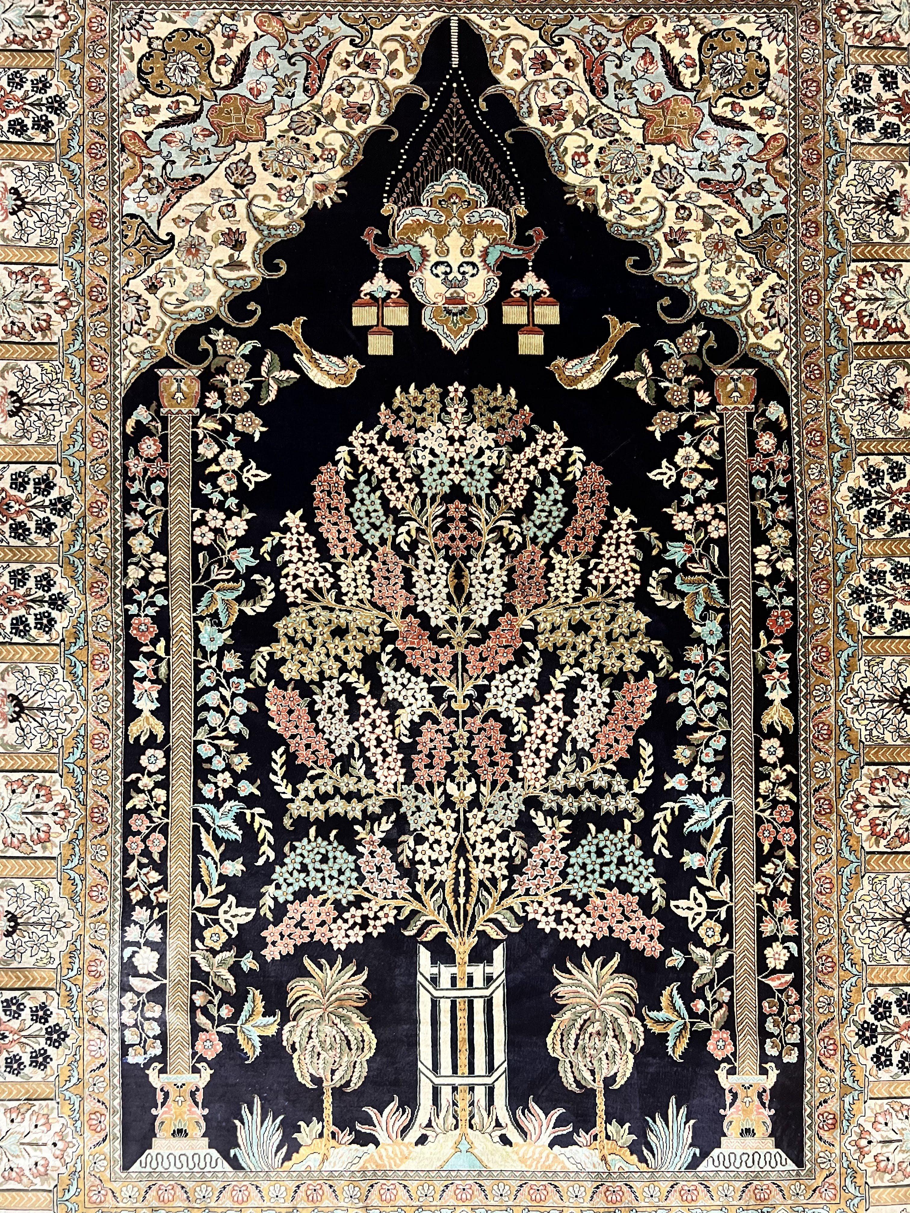 Wonderful Sino Persian Silk Rug 4x6, Tree of LIfe Design, Masterpiece 575 KPSI, Birds, Prayer Rug, Black, Silk on Silk