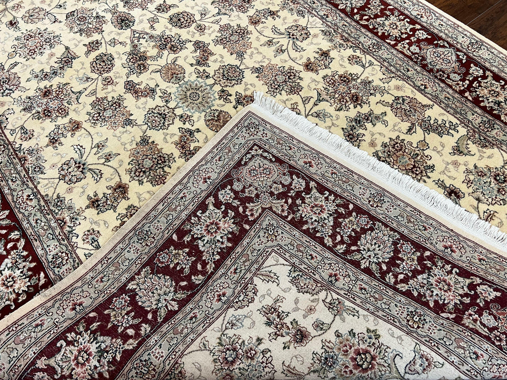 Pak Persian Rug 6x9, Floral Allover Carpet 6 x 9 ft, Cream and Maroon Hand Knotted Wool and Silk Fine Oriental Rug, Traditional Vintage Rug